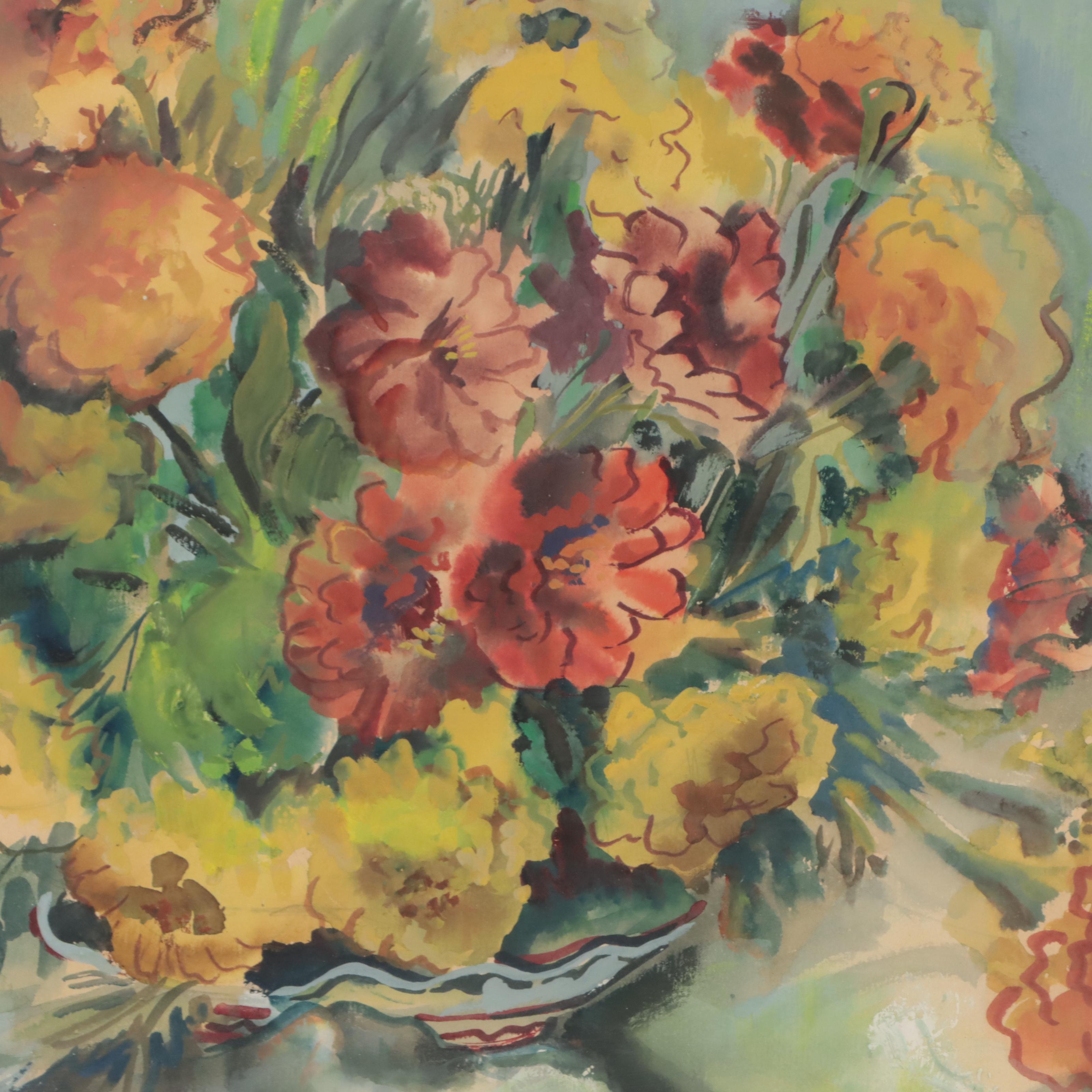 Sally Swiss Watercolor Painting "Zinnias," Early to Mid-20th Century