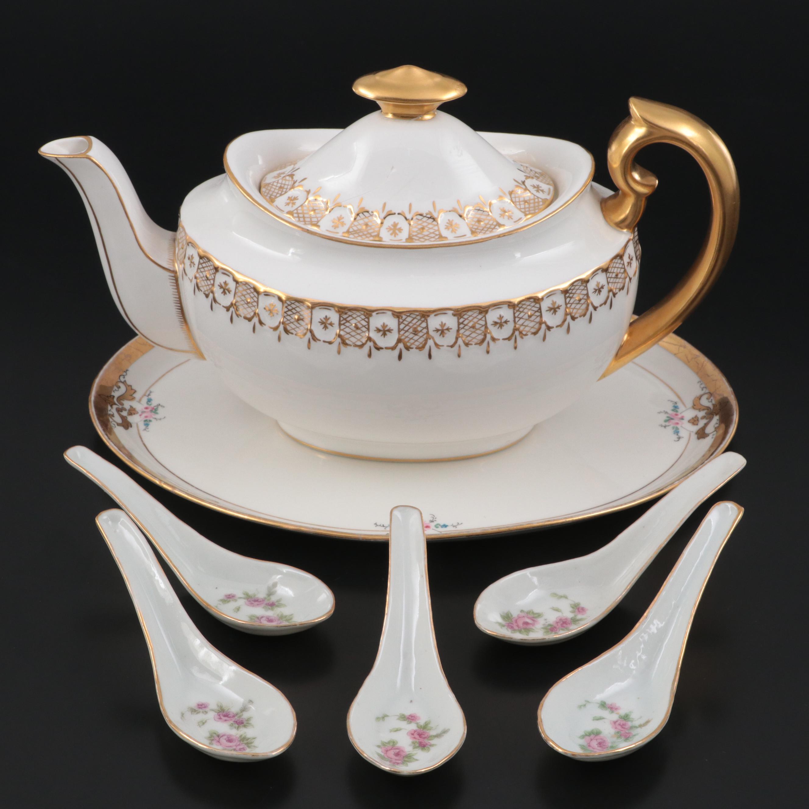 Royal Crown Derby Teapot with Pickard Tray and Porcelain Spoons