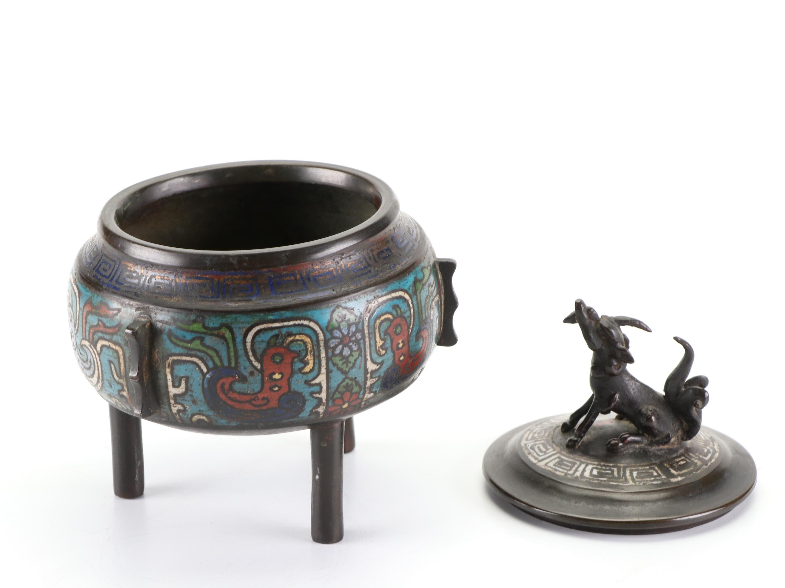 Chinese Ming Style Champlevé Bronze Censer with Qilin Finial