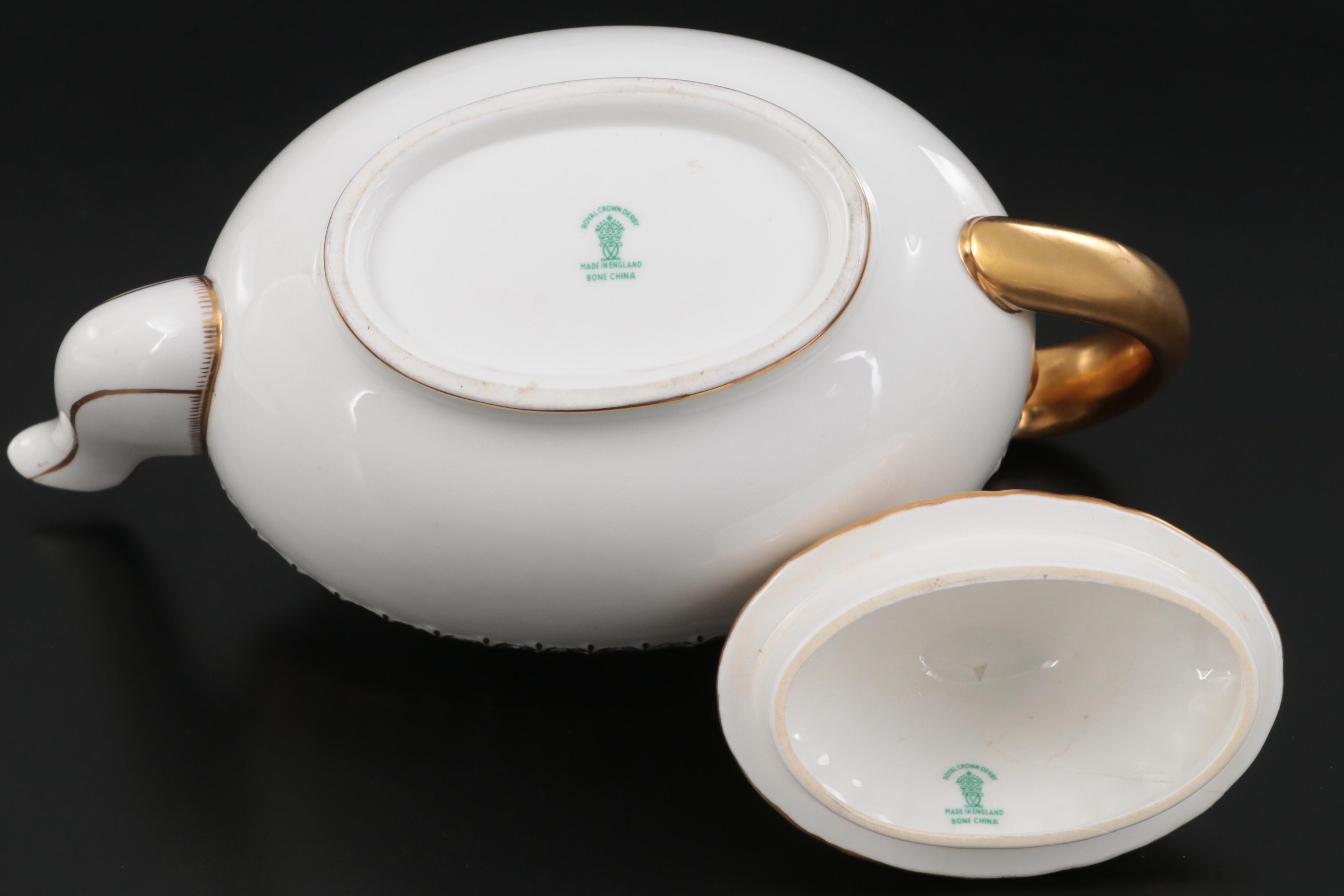 Royal Crown Derby Teapot with Pickard Tray and Porcelain Spoons