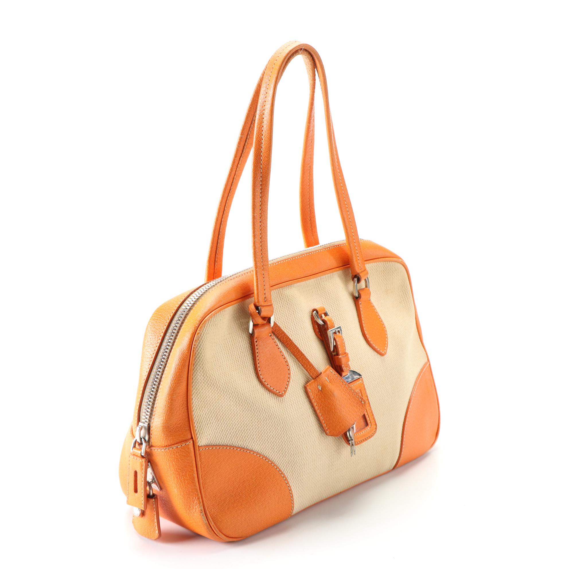 Prada Canapa Bowler Bag in Beige Canvas and Orange Cinghiale Leather