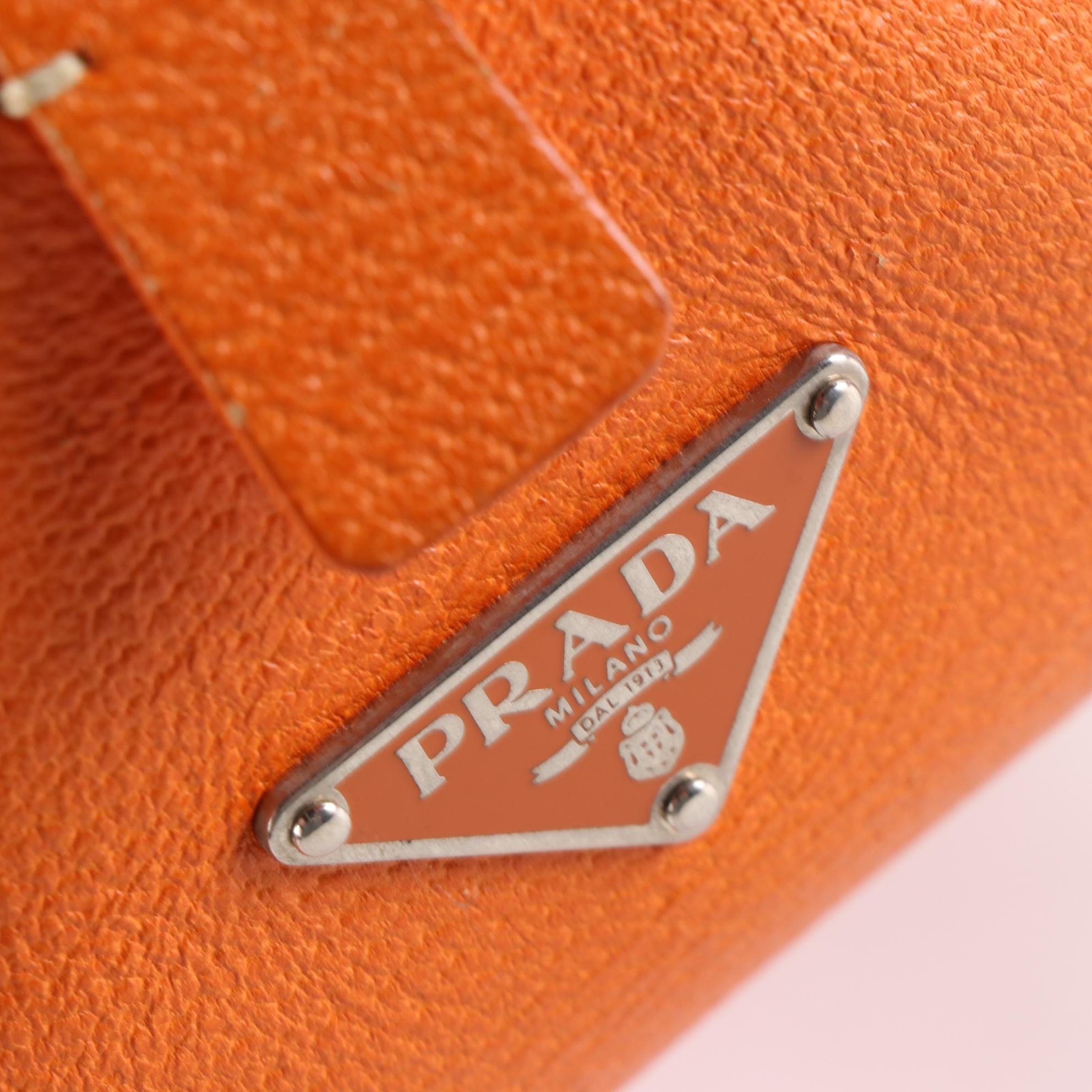 Prada Canapa Bowler Bag in Beige Canvas and Orange Cinghiale Leather