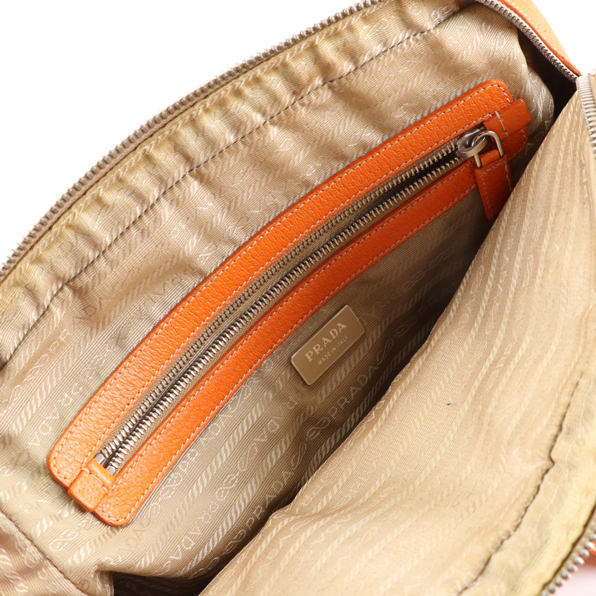 Prada Canapa Bowler Bag in Beige Canvas and Orange Cinghiale Leather