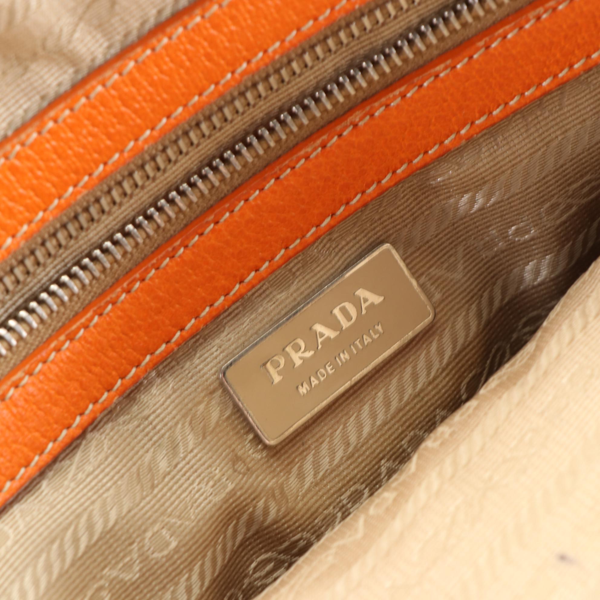 Prada Canapa Bowler Bag in Beige Canvas and Orange Cinghiale Leather