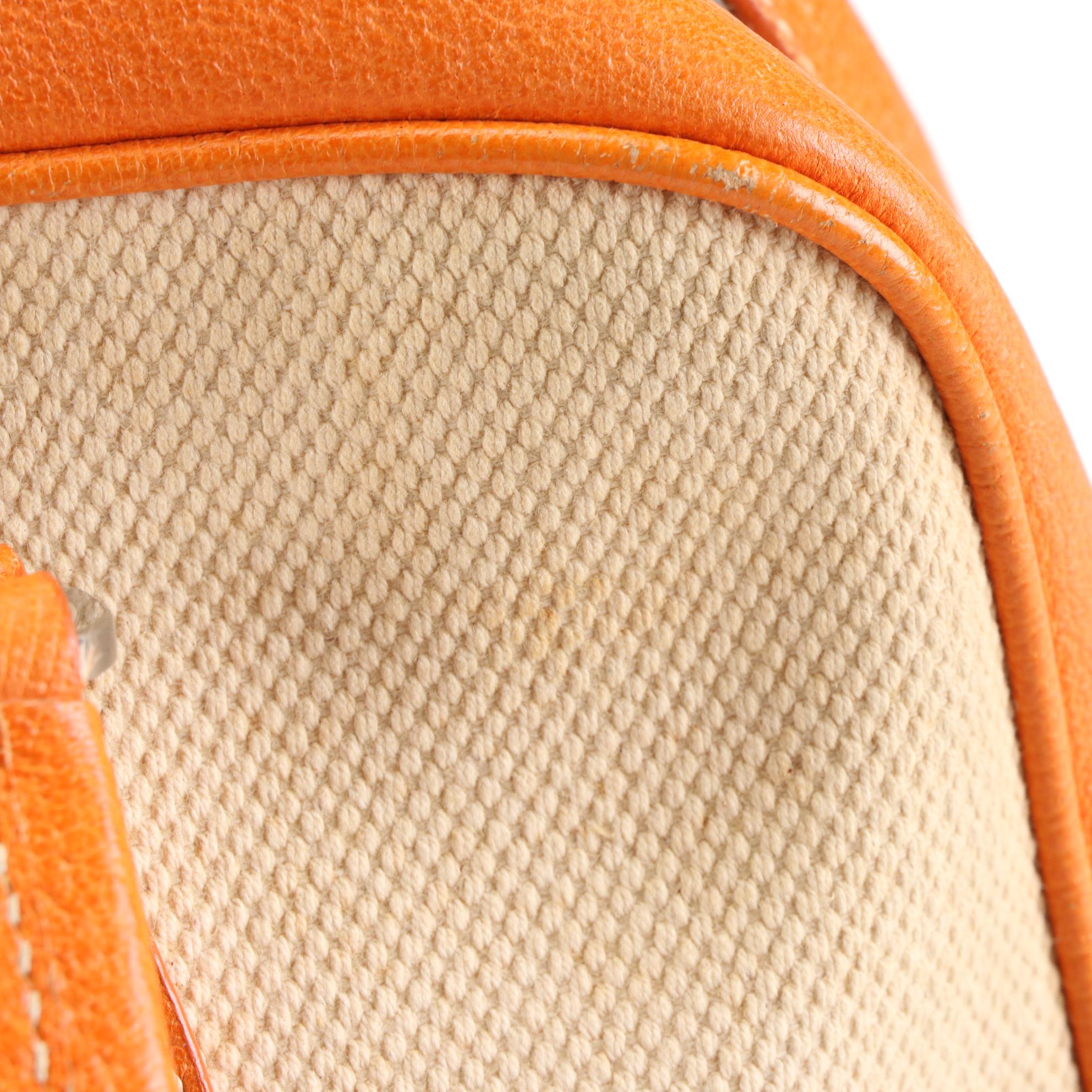 Prada Canapa Bowler Bag in Beige Canvas and Orange Cinghiale Leather