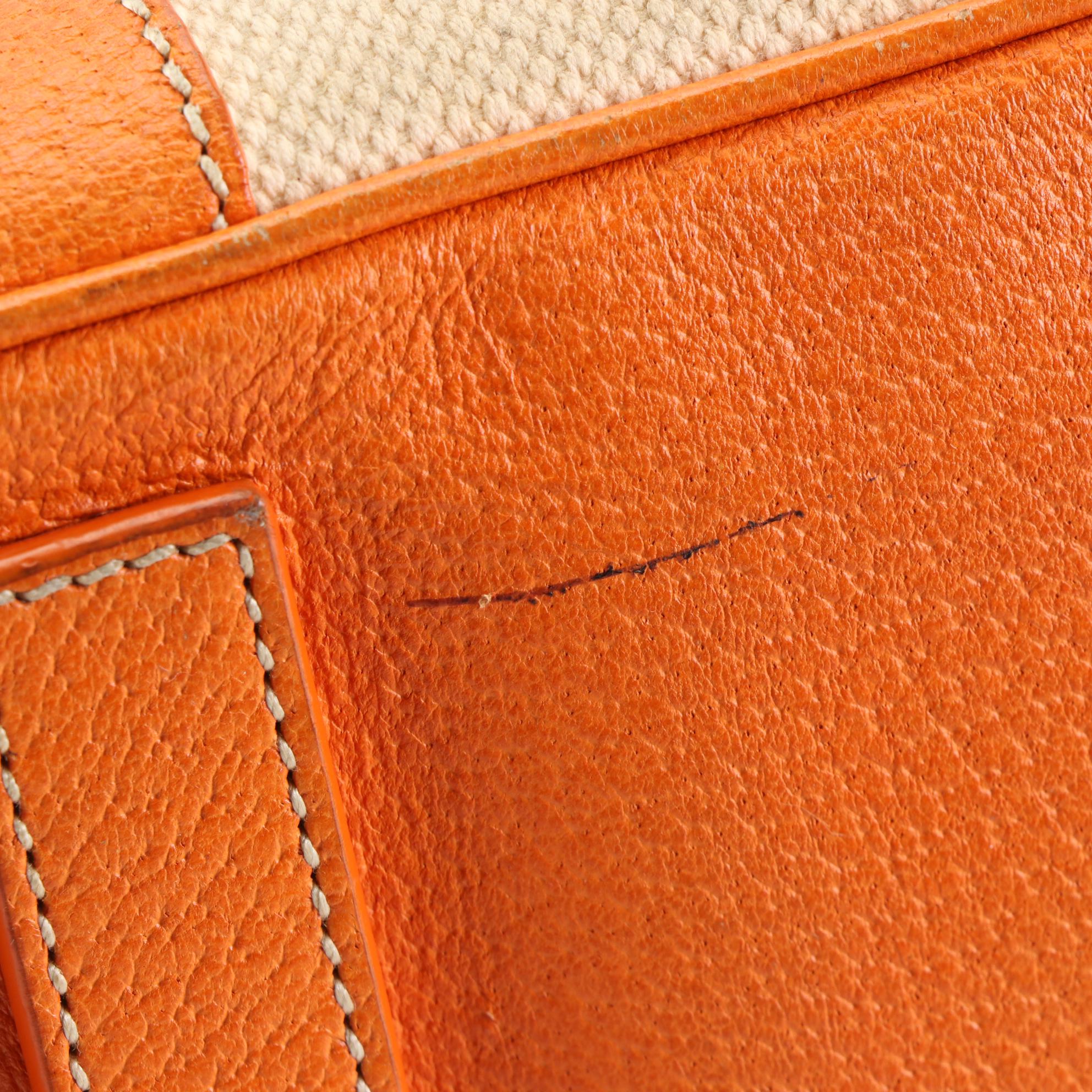 Prada Canapa Bowler Bag in Beige Canvas and Orange Cinghiale Leather