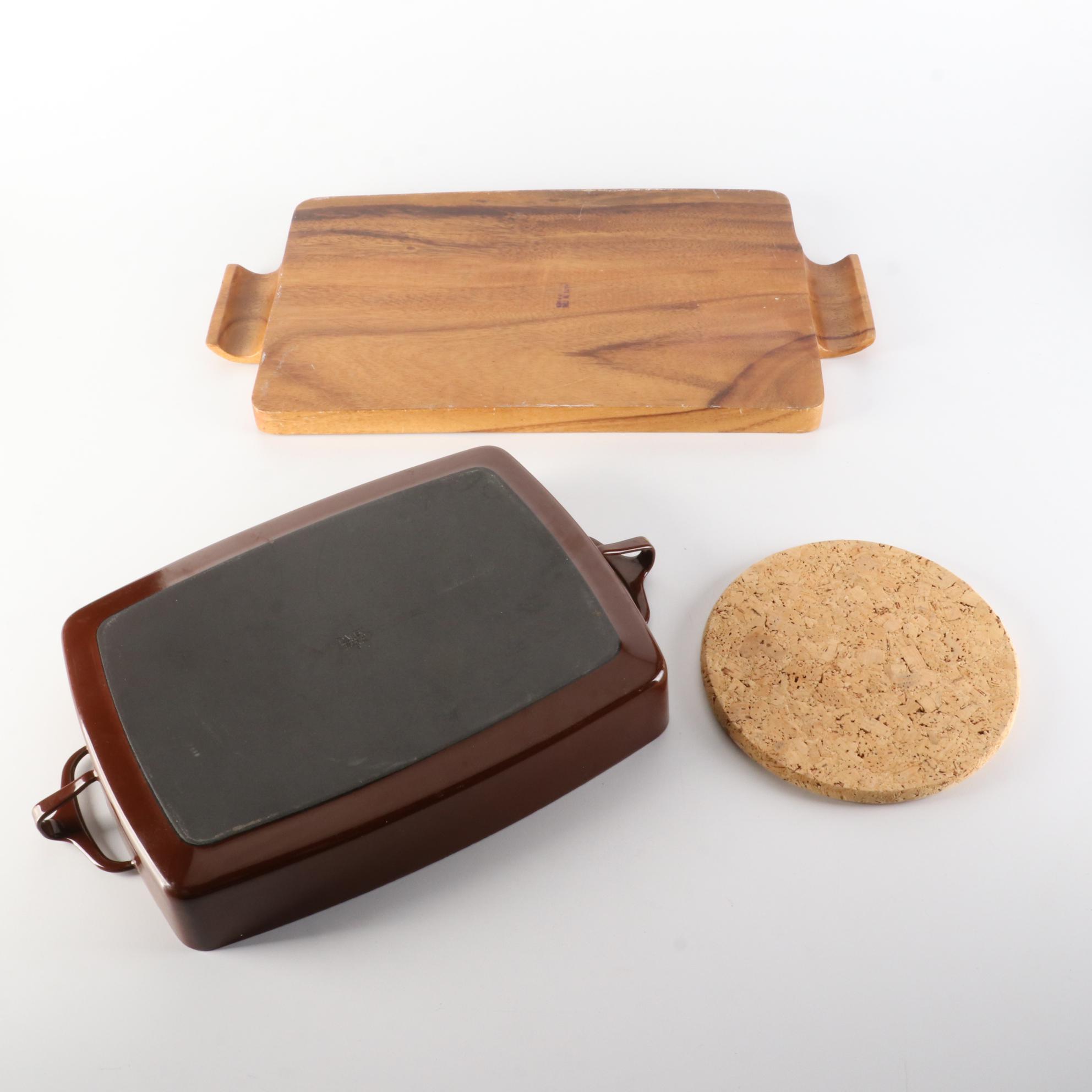 Dansk Kobenstyle Baking Pan with Wooden Tray and Cork Trivet