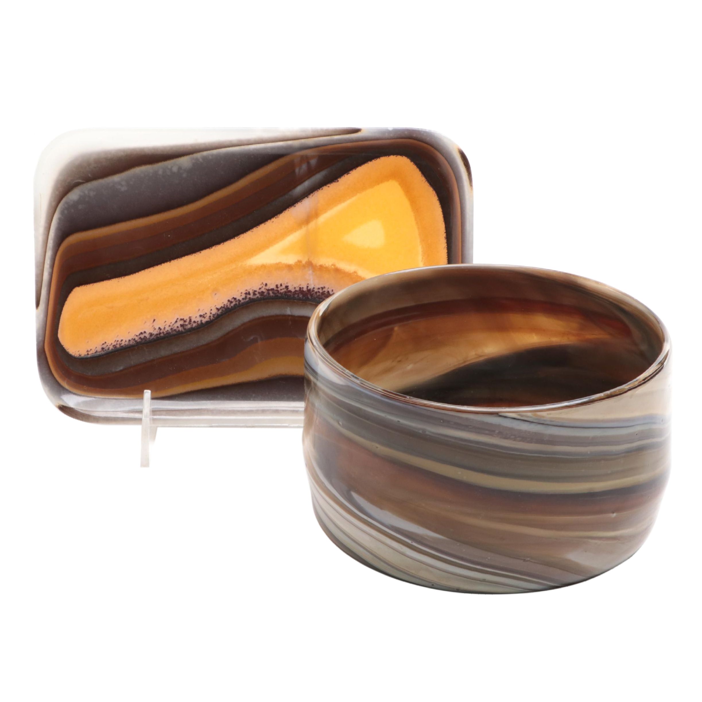Banded Stone Tray with Blown Glass Bowl