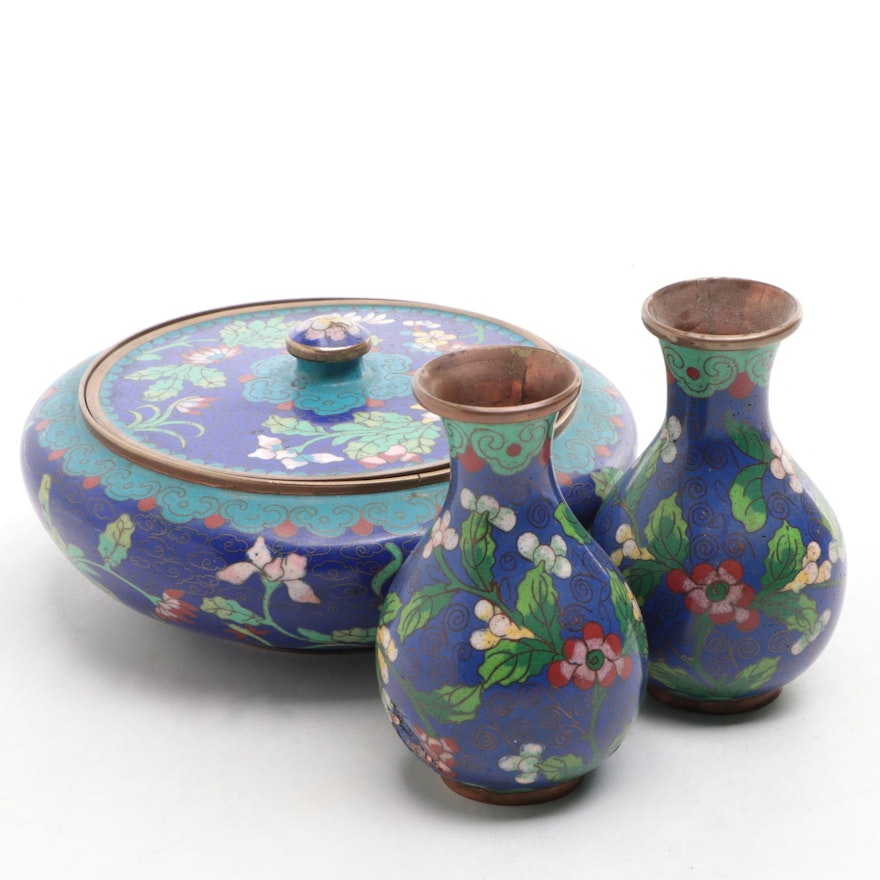 Chinese Cloisonné Enamel Cobalt Blue Vases and Lidded Bowl, 20th Century