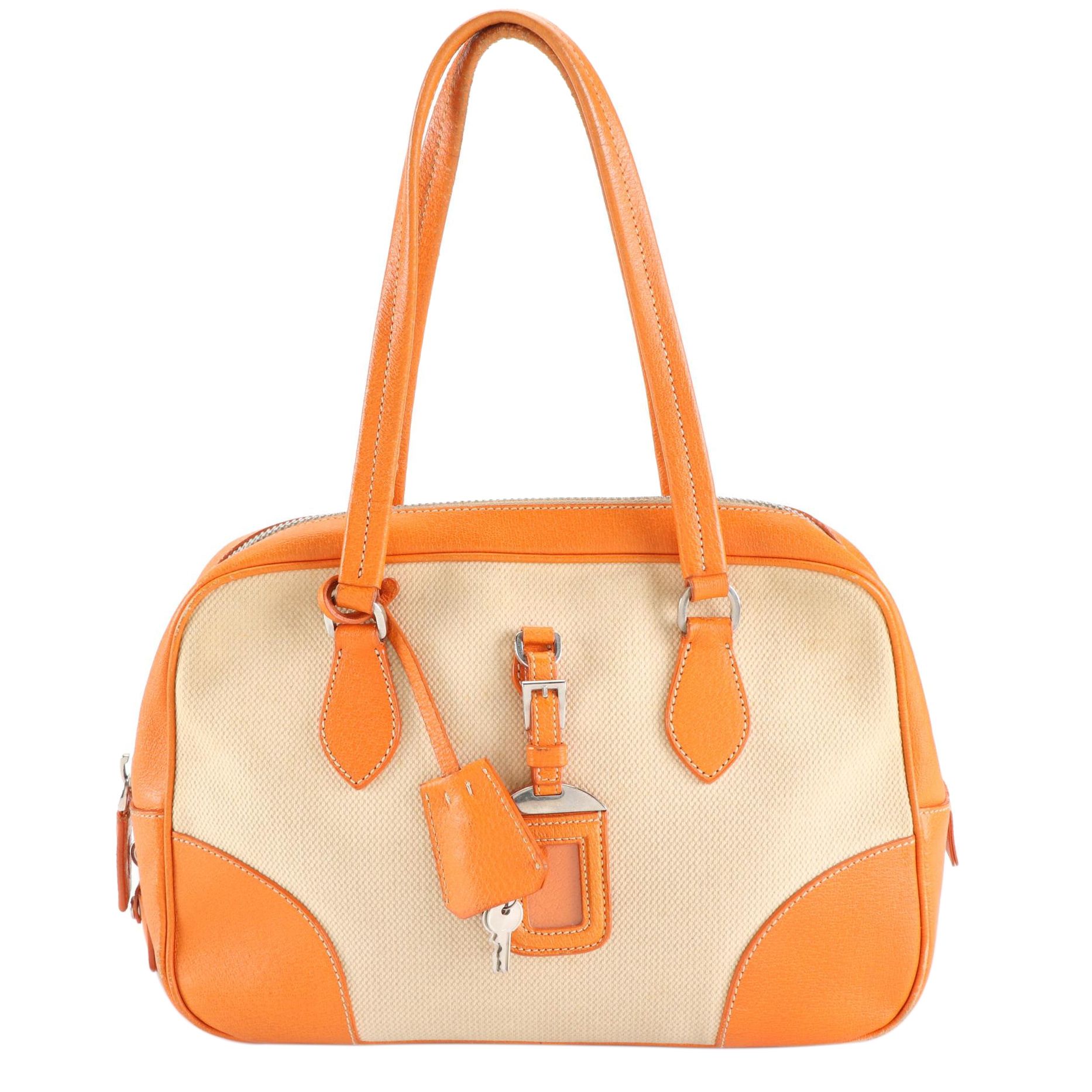 Prada Canapa Bowler Bag in Beige Canvas and Orange Cinghiale Leather