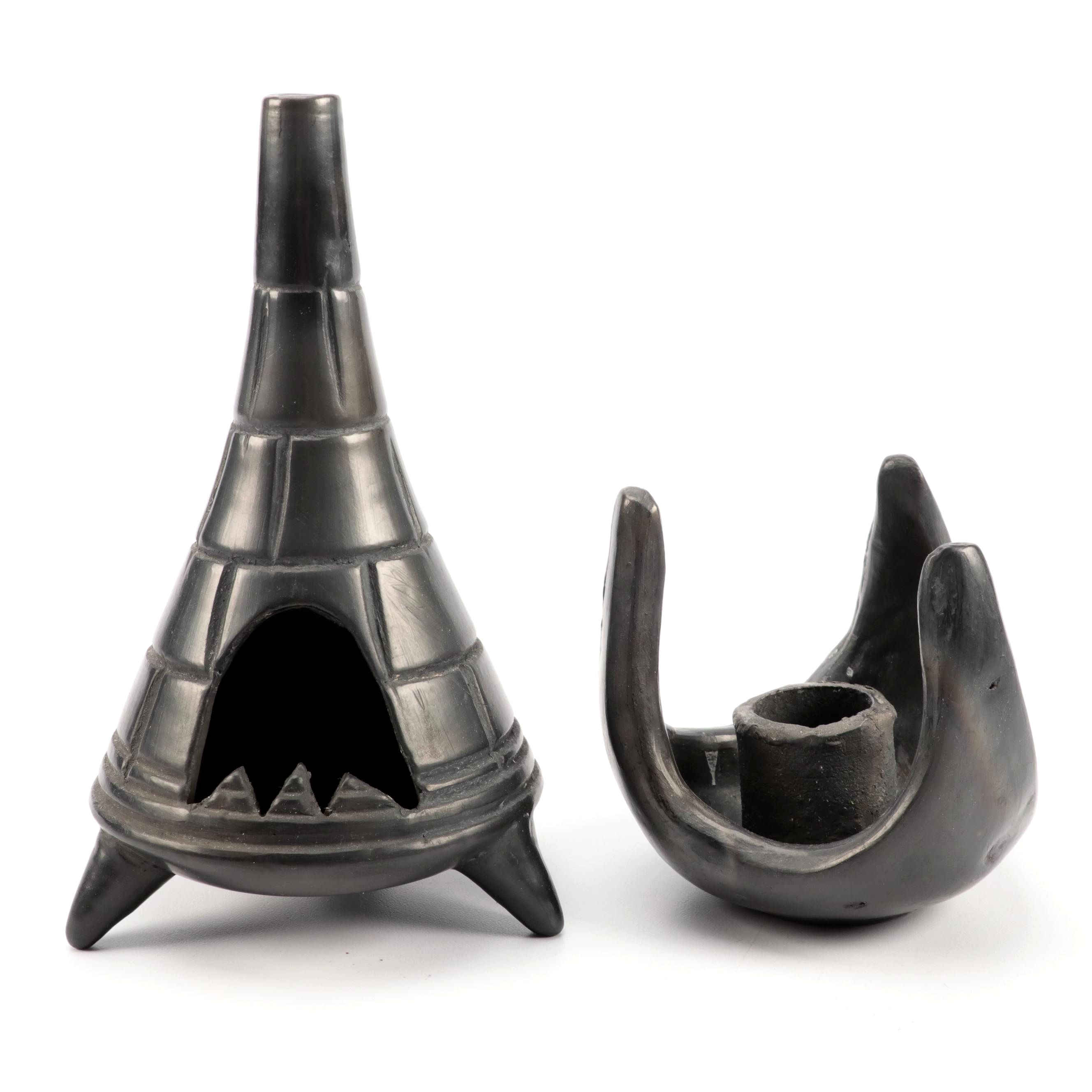 Lama Oaxaca Mexico Black Pottery Candle Holders