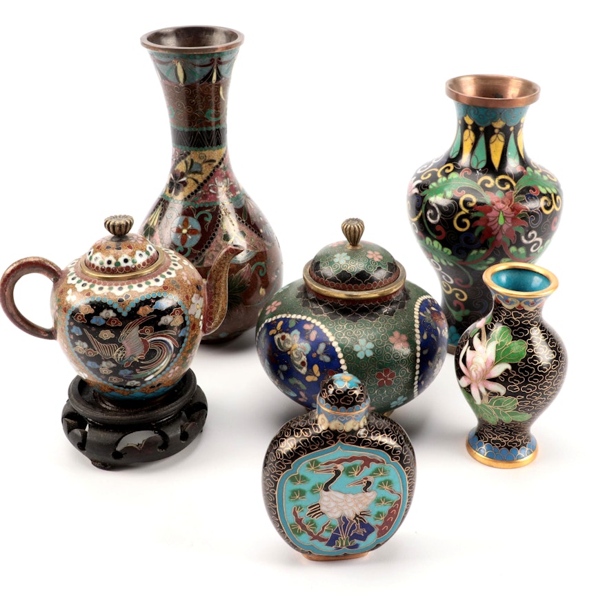 Chinese Cloisonne Vases, Jar, Miniature Teapot and Snuff Bottle