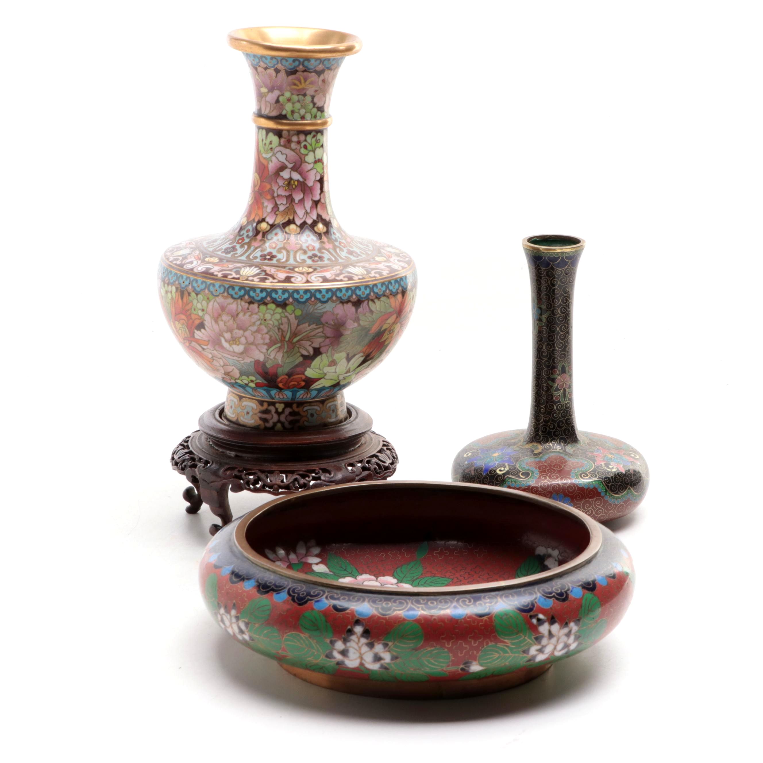 Chinese Cloisonné Ming Style Floral Motif Low Bowl with Vases