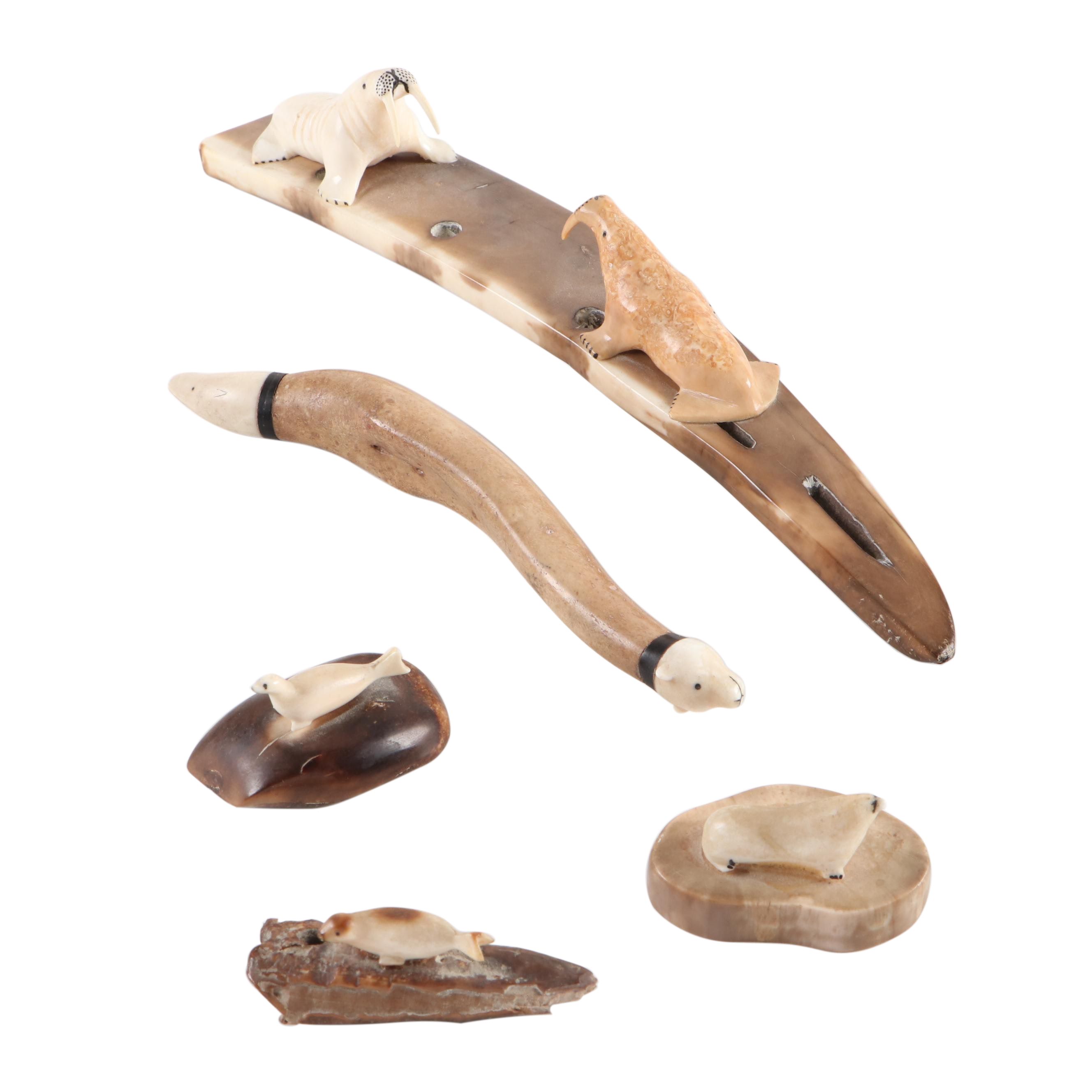 Carved Walrus Ivory Baculum and Walrus Ivory Seal and Walrus Figurines