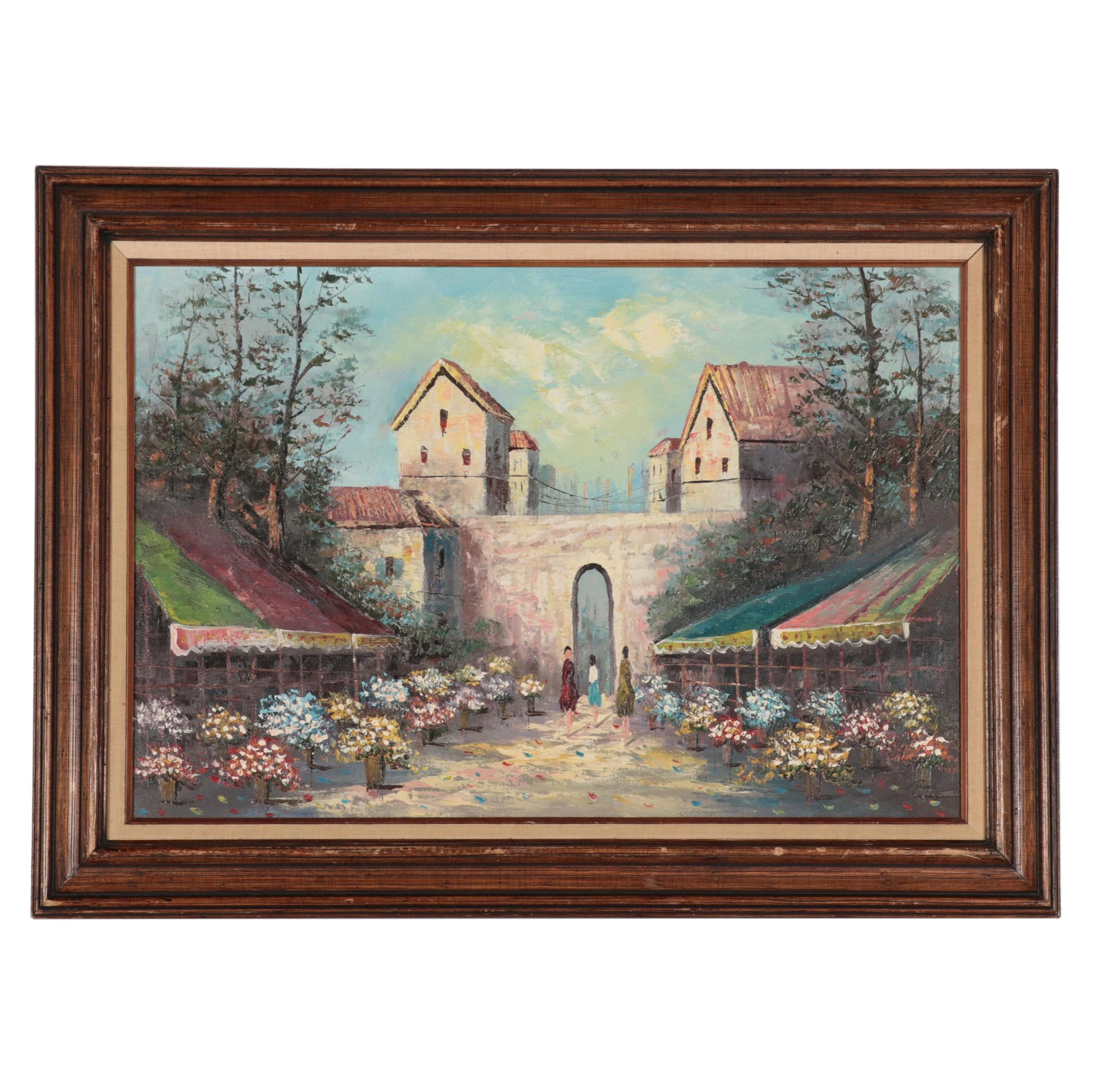 Flower Market Oil Painting, Mid to Late 20th Century