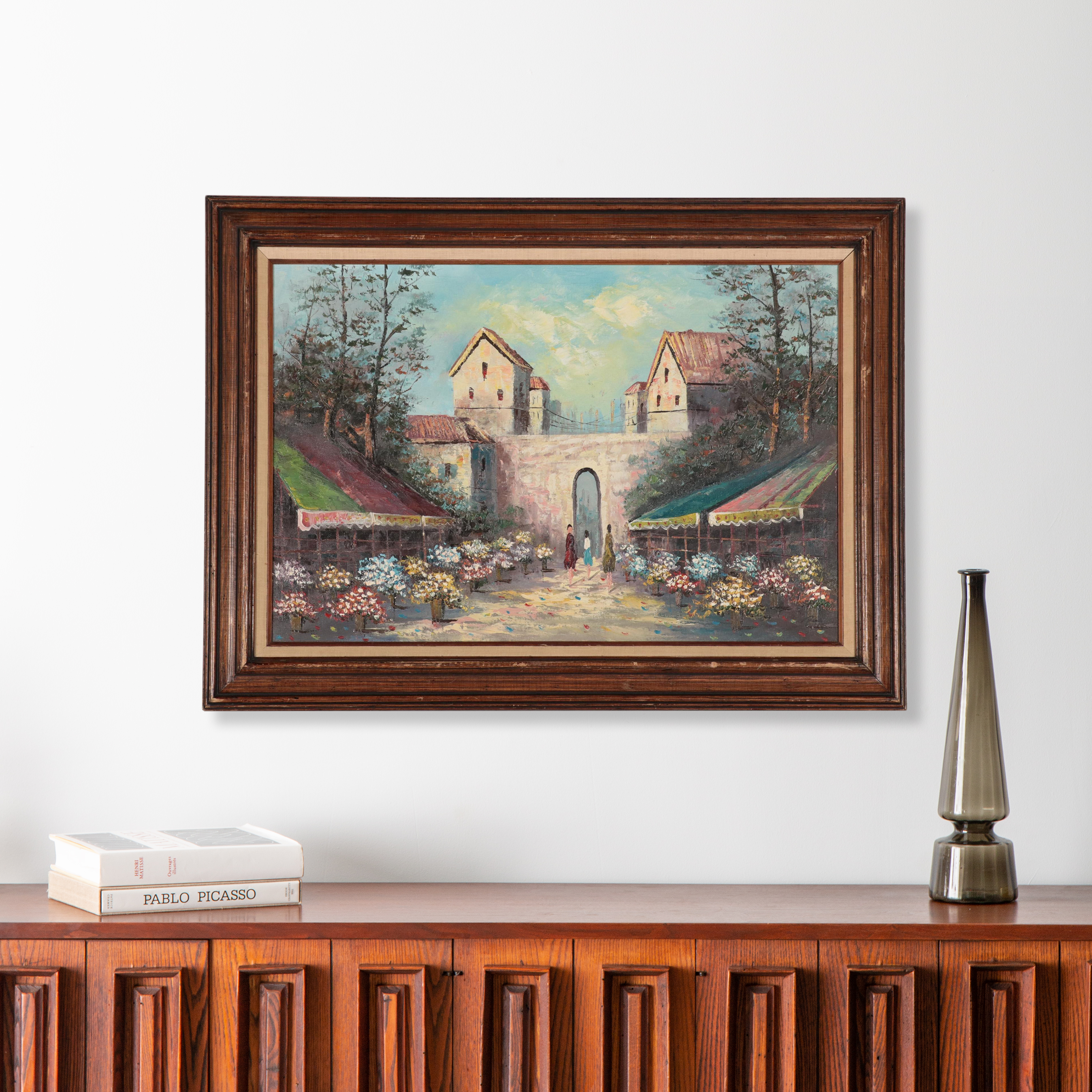 Flower Market Oil Painting, Mid to Late 20th Century