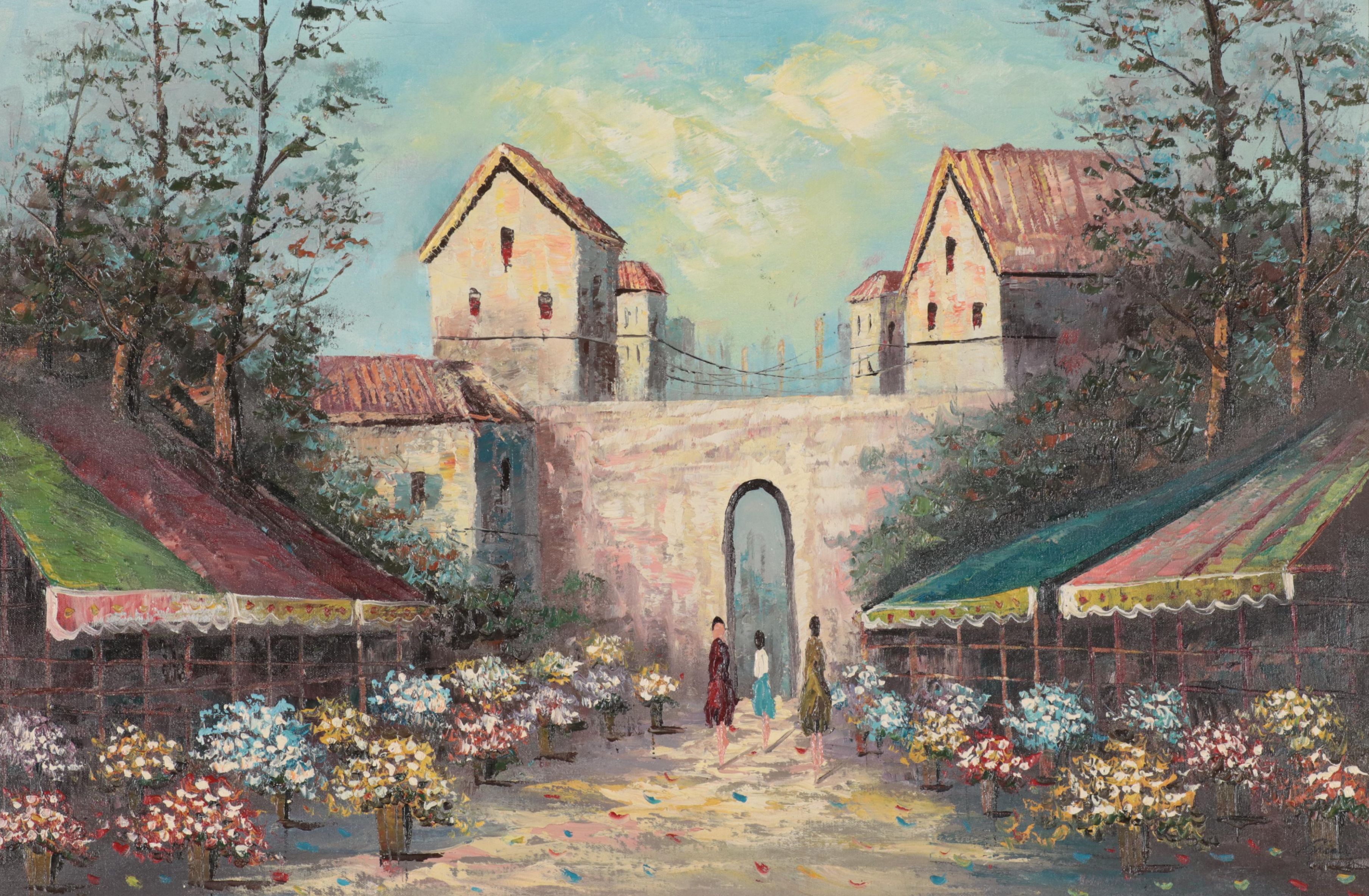 Flower Market Oil Painting, Mid to Late 20th Century