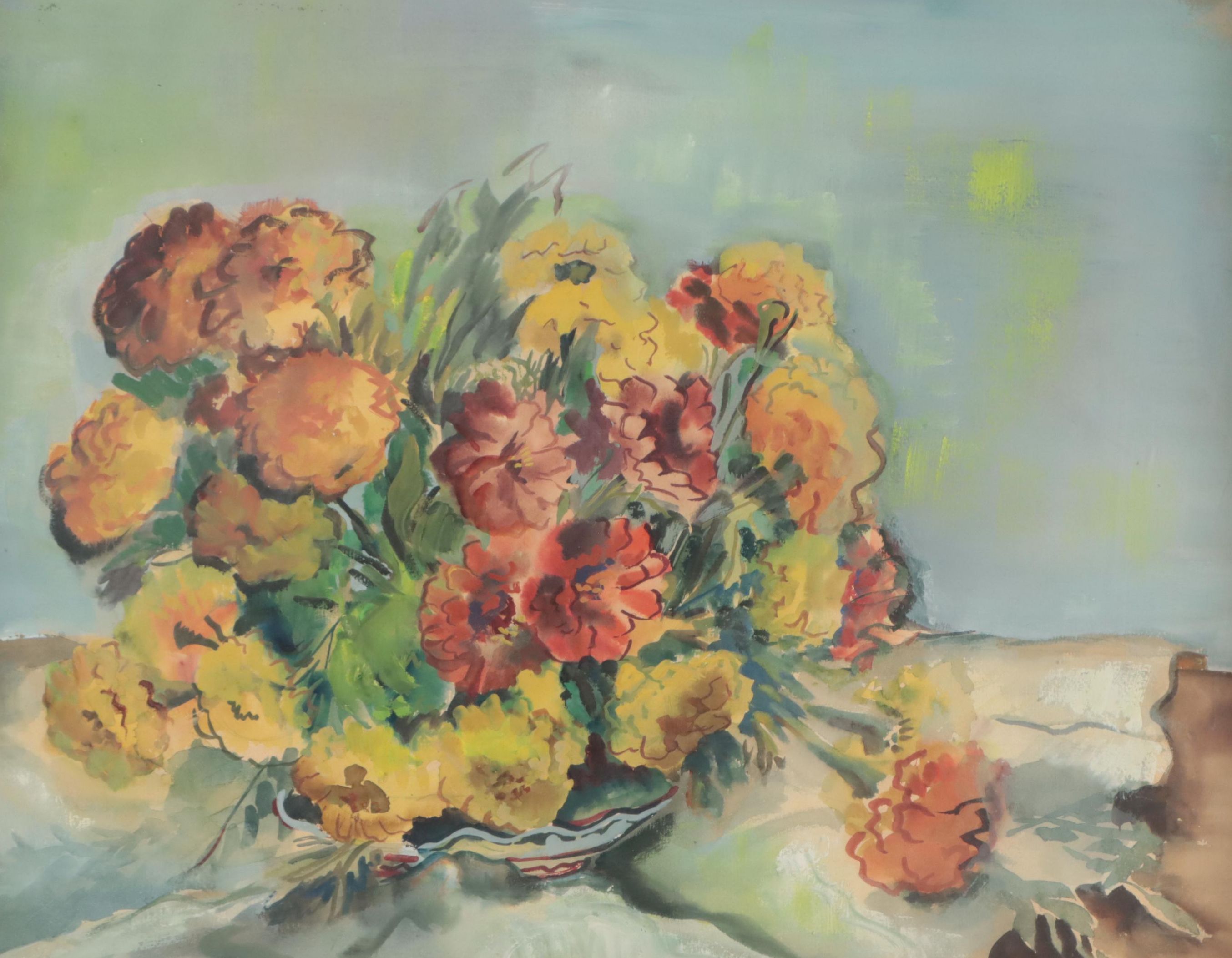 Sally Swiss Watercolor Painting "Zinnias," Early to Mid-20th Century