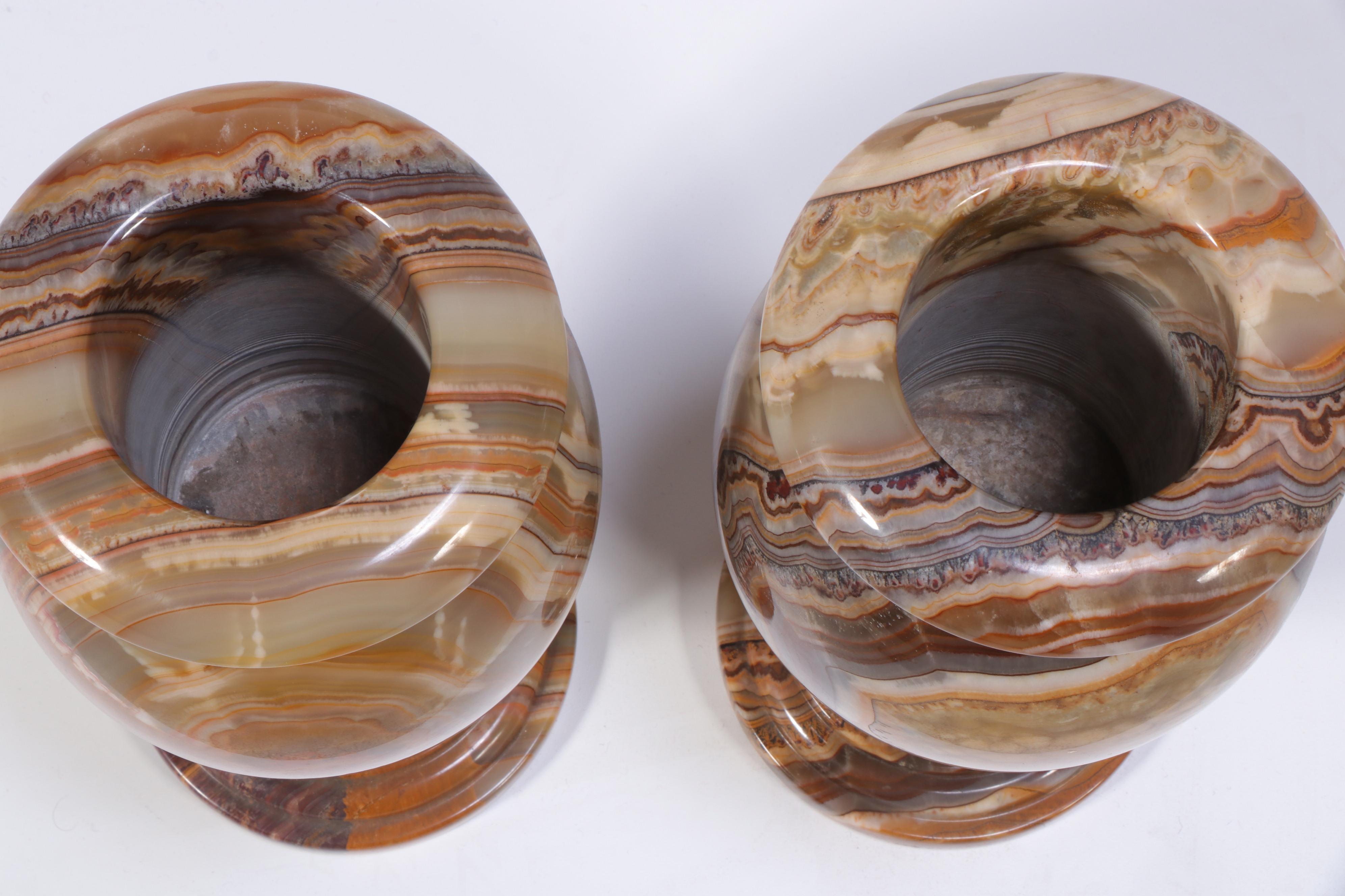 Pair of Hand-Turned Banded Calcite Vases