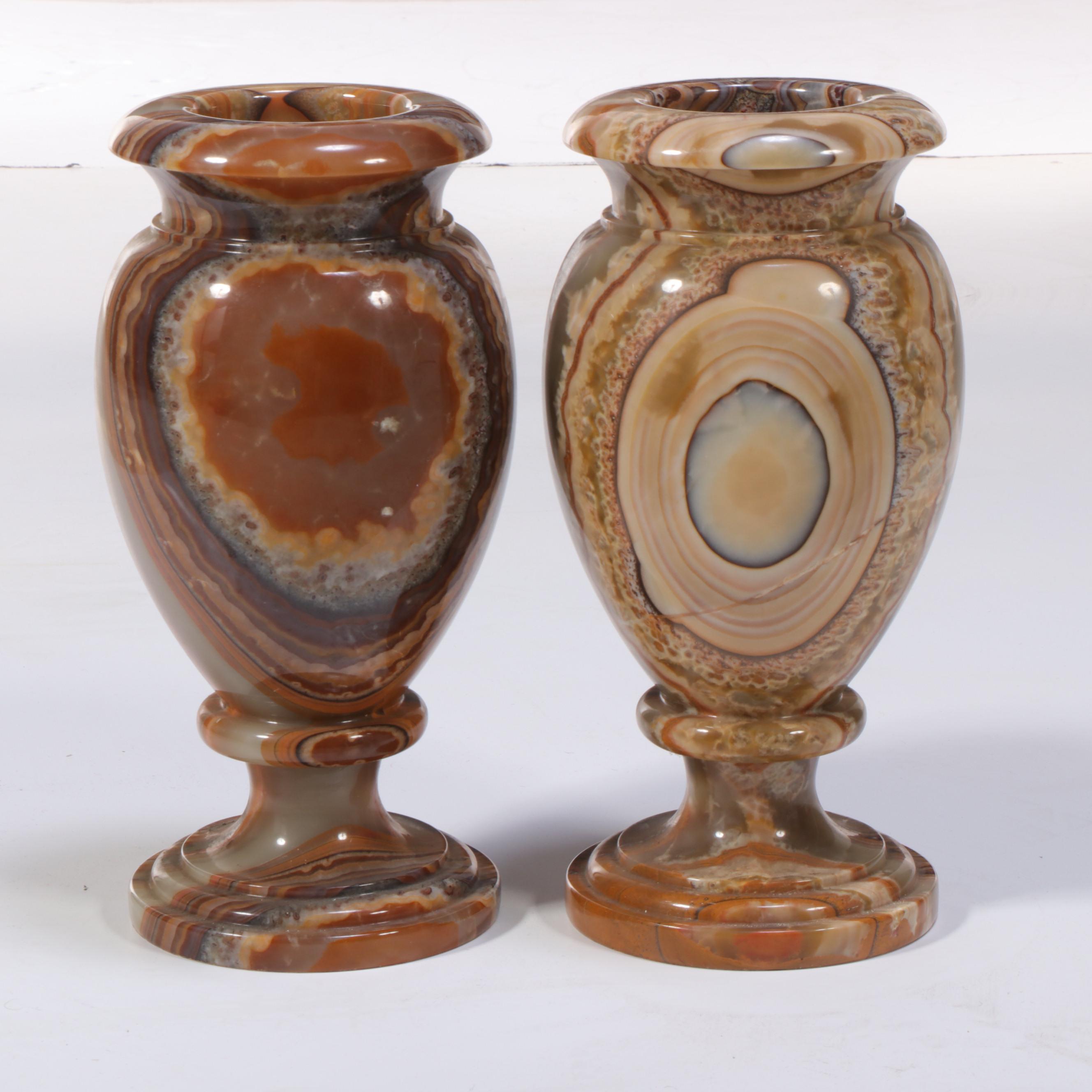 Pair of Hand-Turned Banded Calcite Vases
