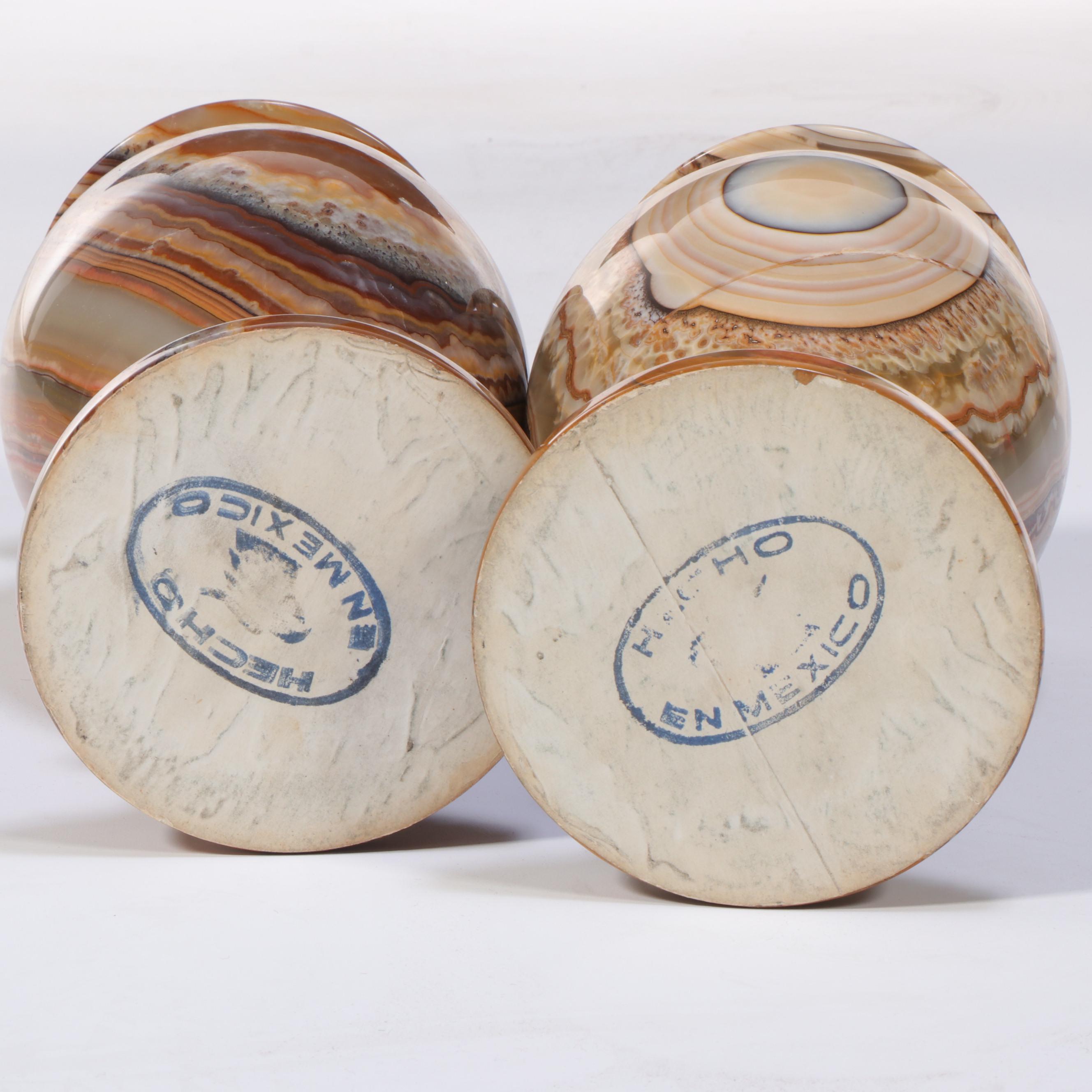 Pair of Hand-Turned Banded Calcite Vases