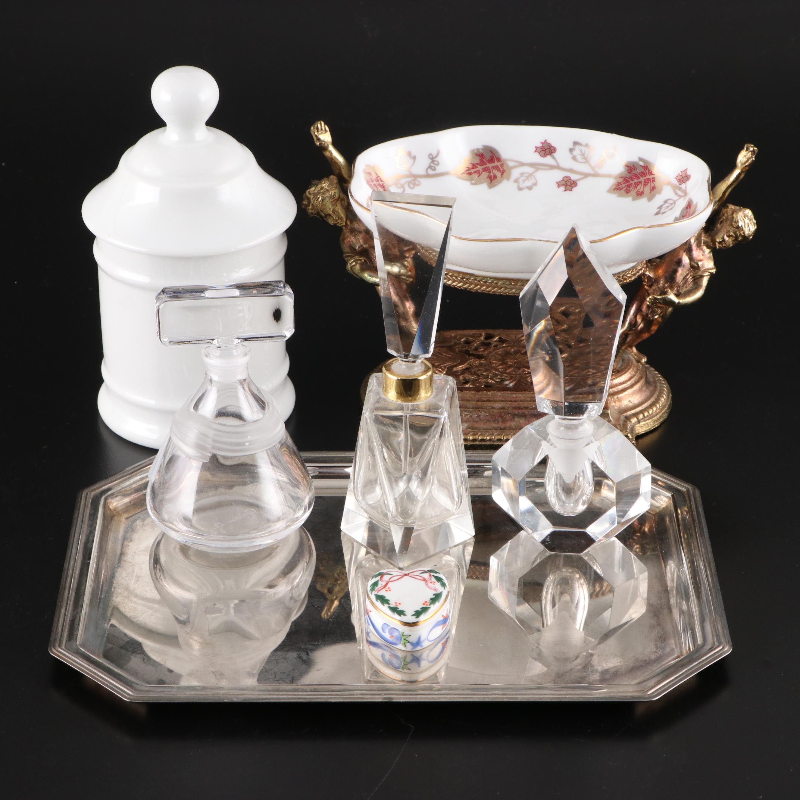 Stylebuilt Figural Soap Dish, Limoges Jar, and Glass Perfume Bottles