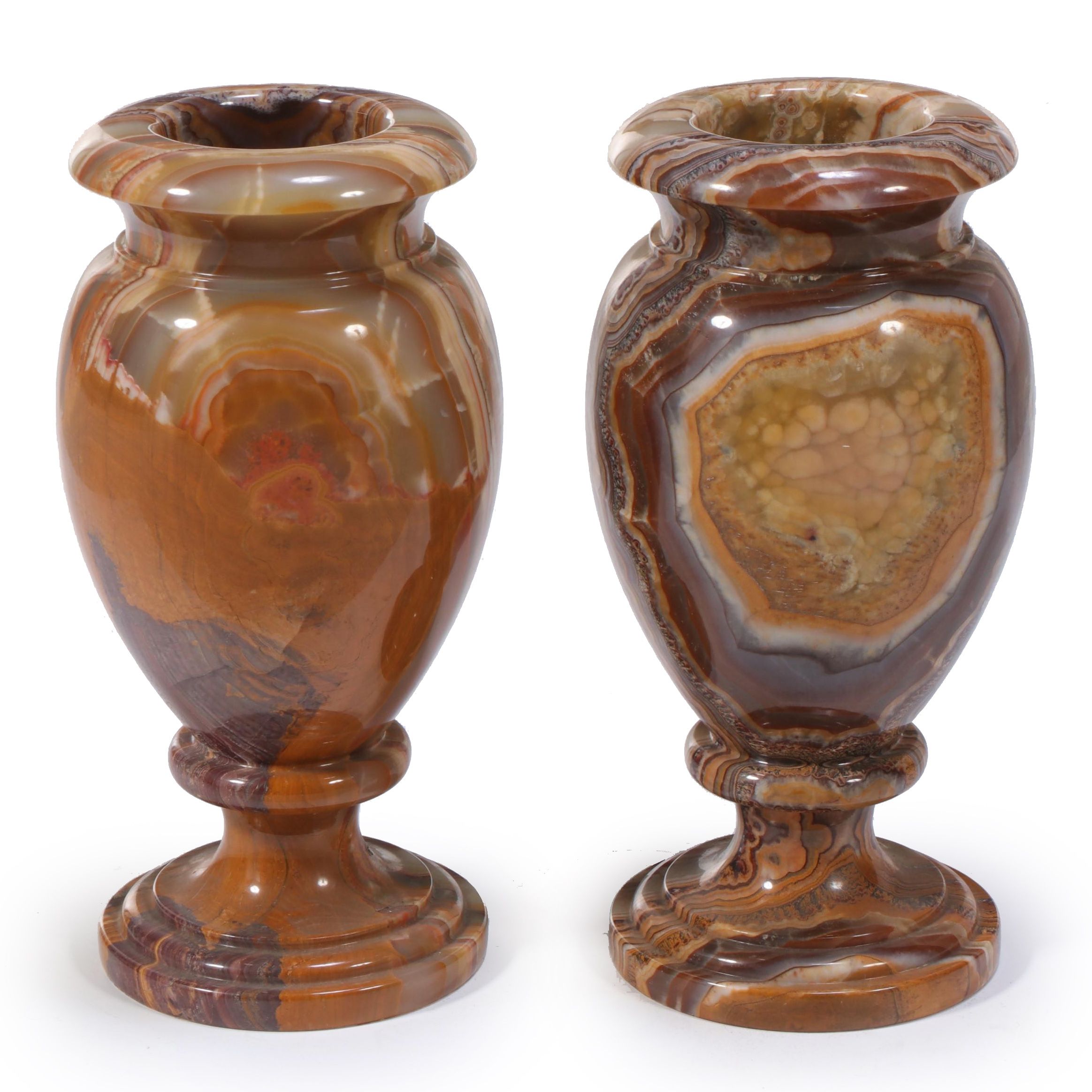 Pair of Hand-Turned Banded Calcite Vases