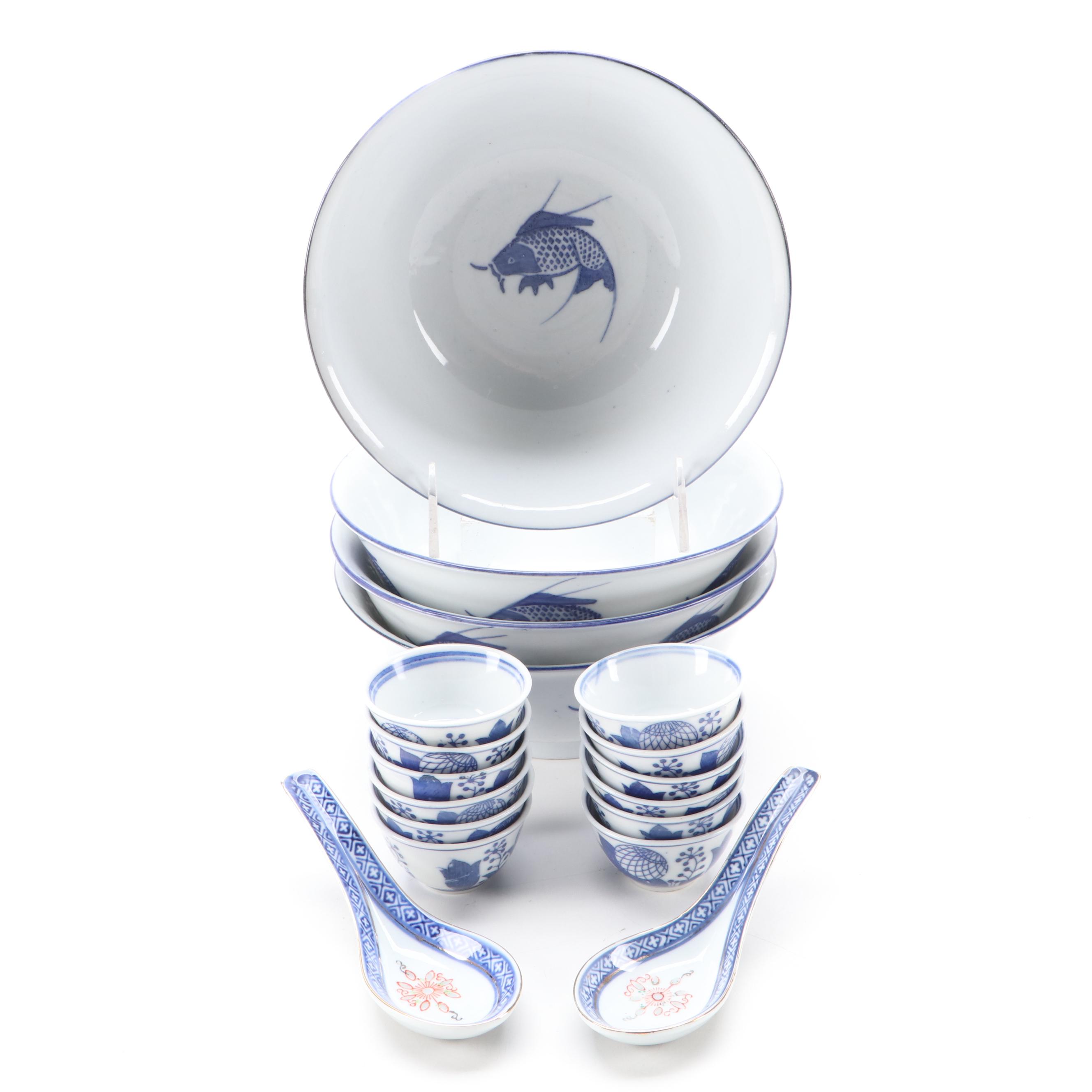 Chinese Koi Fish Motif Porcelain Soup Bowls and More Dinnerware