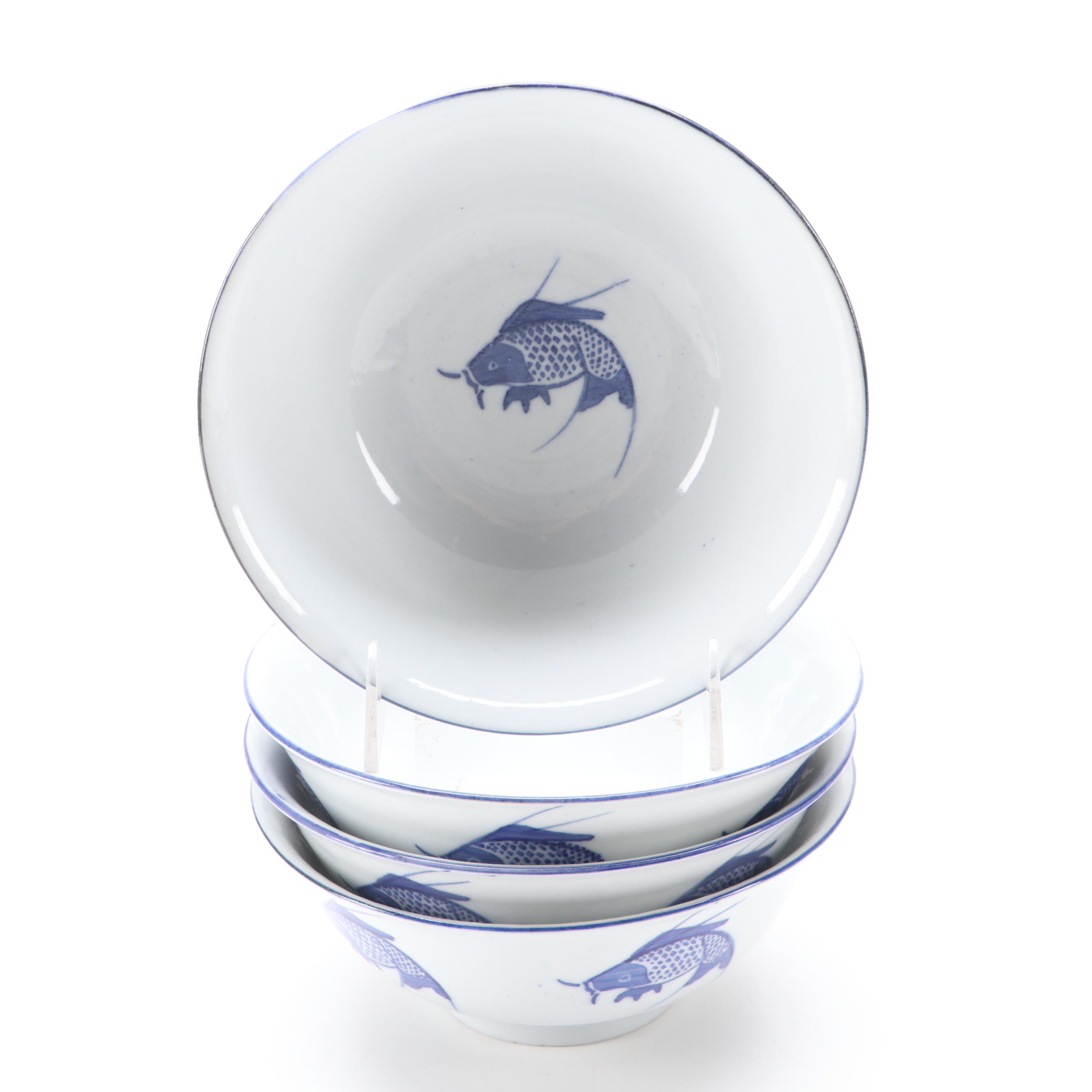 Chinese Koi Fish Motif Porcelain Soup Bowls and More Dinnerware