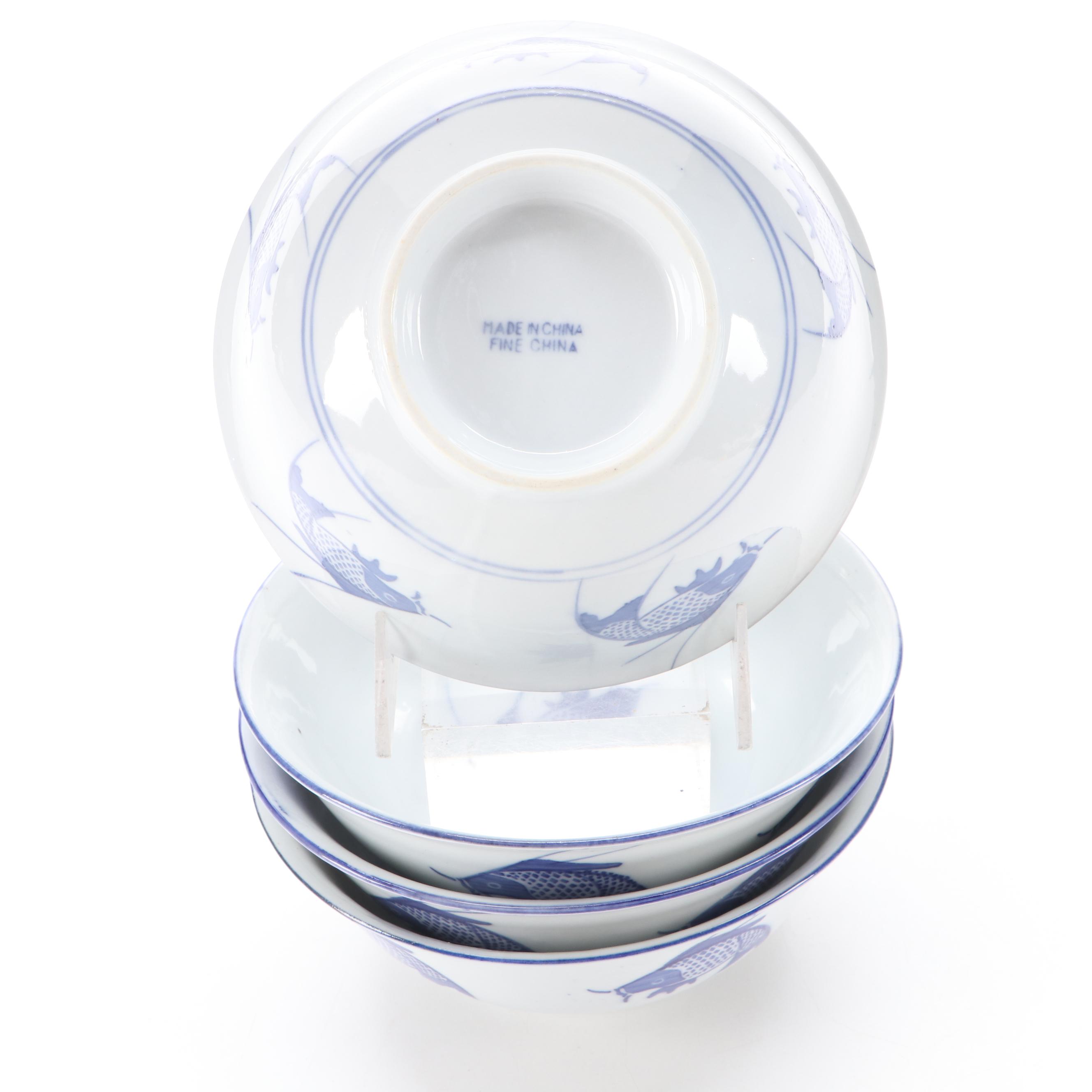 Chinese Koi Fish Motif Porcelain Soup Bowls and More Dinnerware