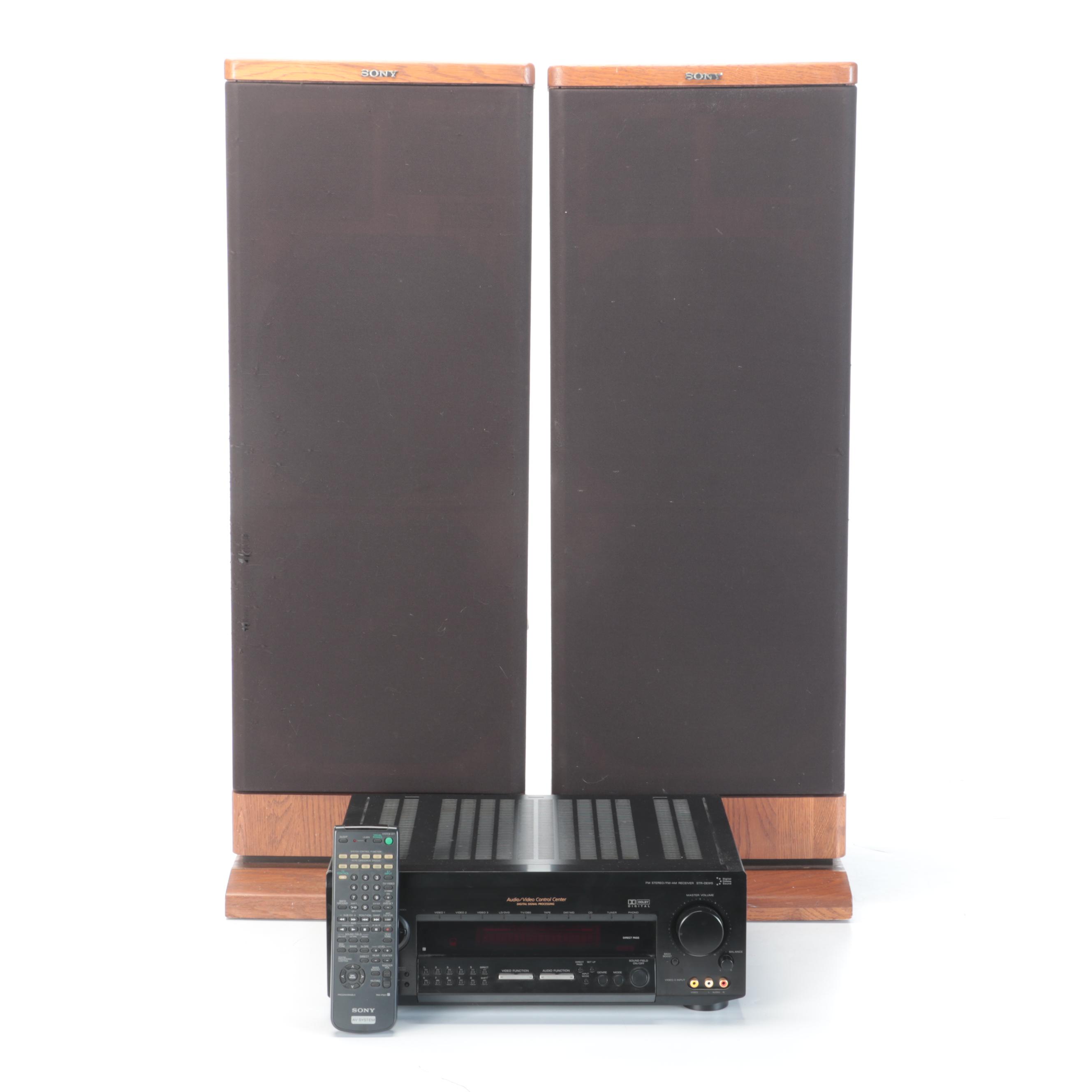 Sony Audio Video Stereo Receiver with Floorstanding Loudspeakers and Remote