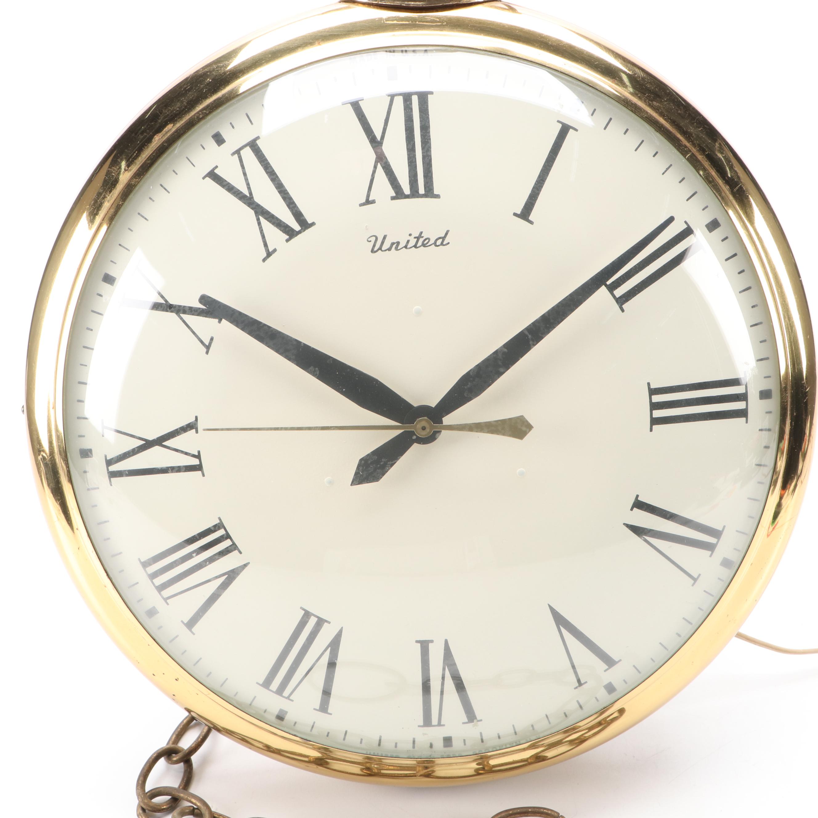 United Clock Corp. Pocketwatch Style Wall Clock, Mid-20th Century