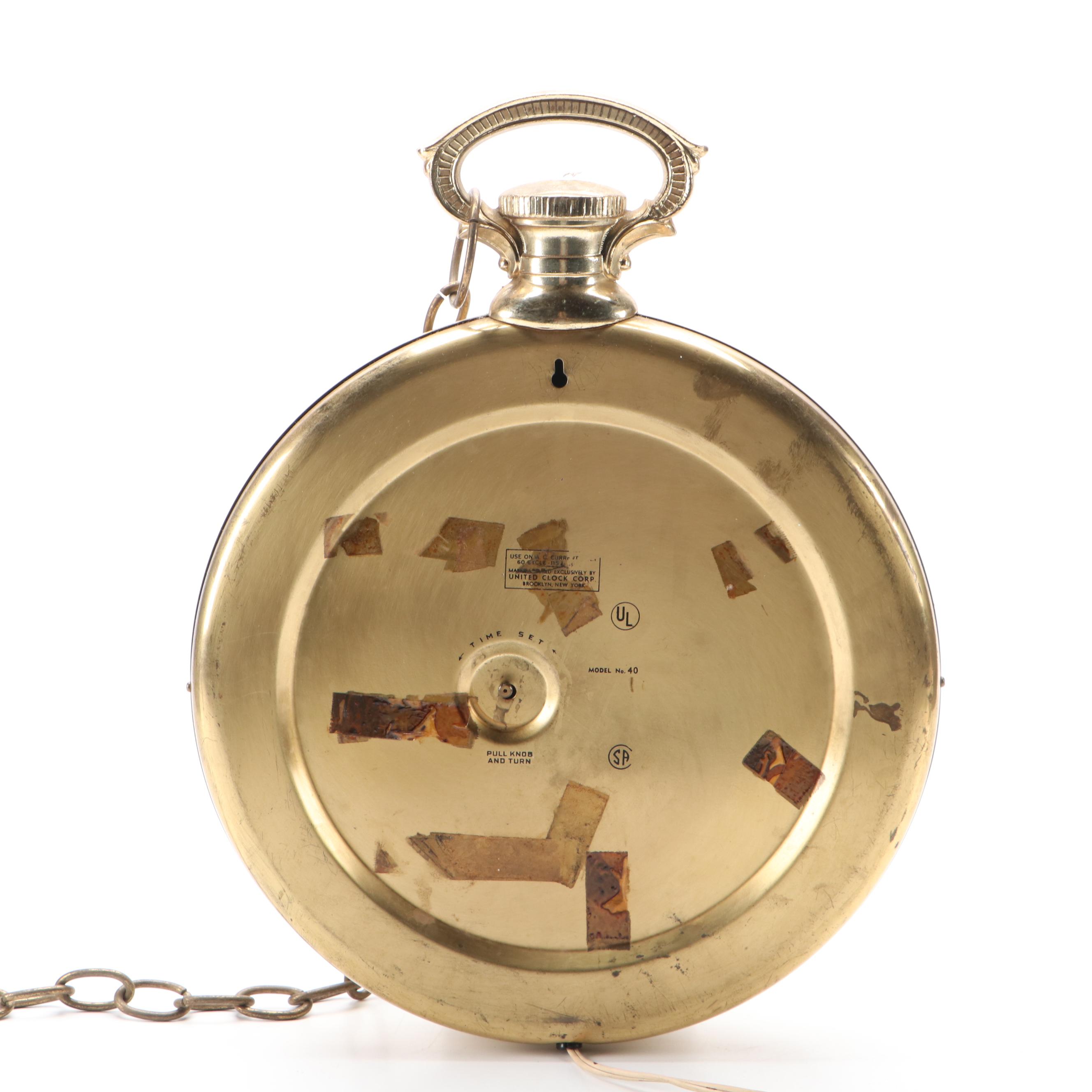 United Clock Corp. Pocketwatch Style Wall Clock, Mid-20th Century