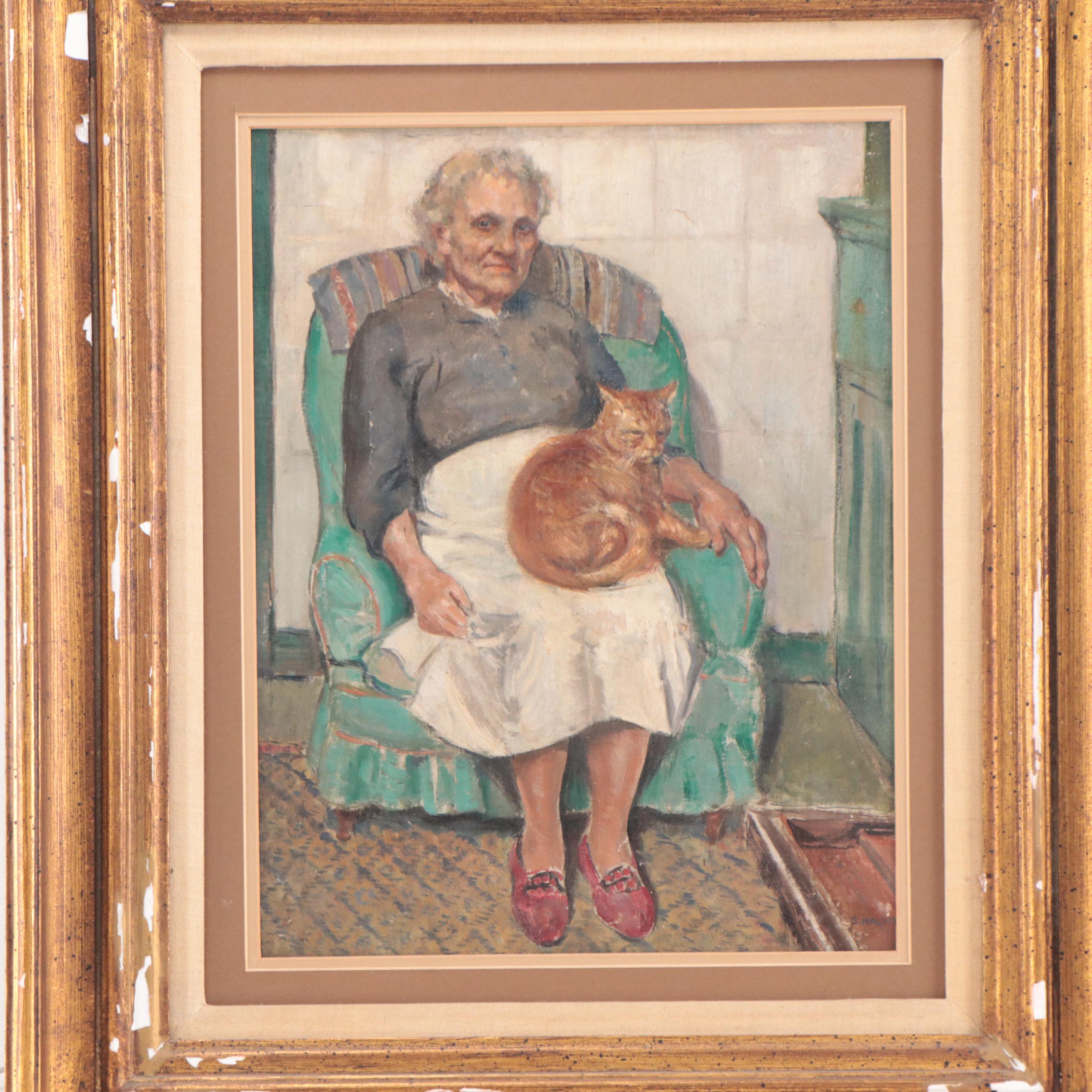 Portrait Oil Painting of Seated Woman With Cat