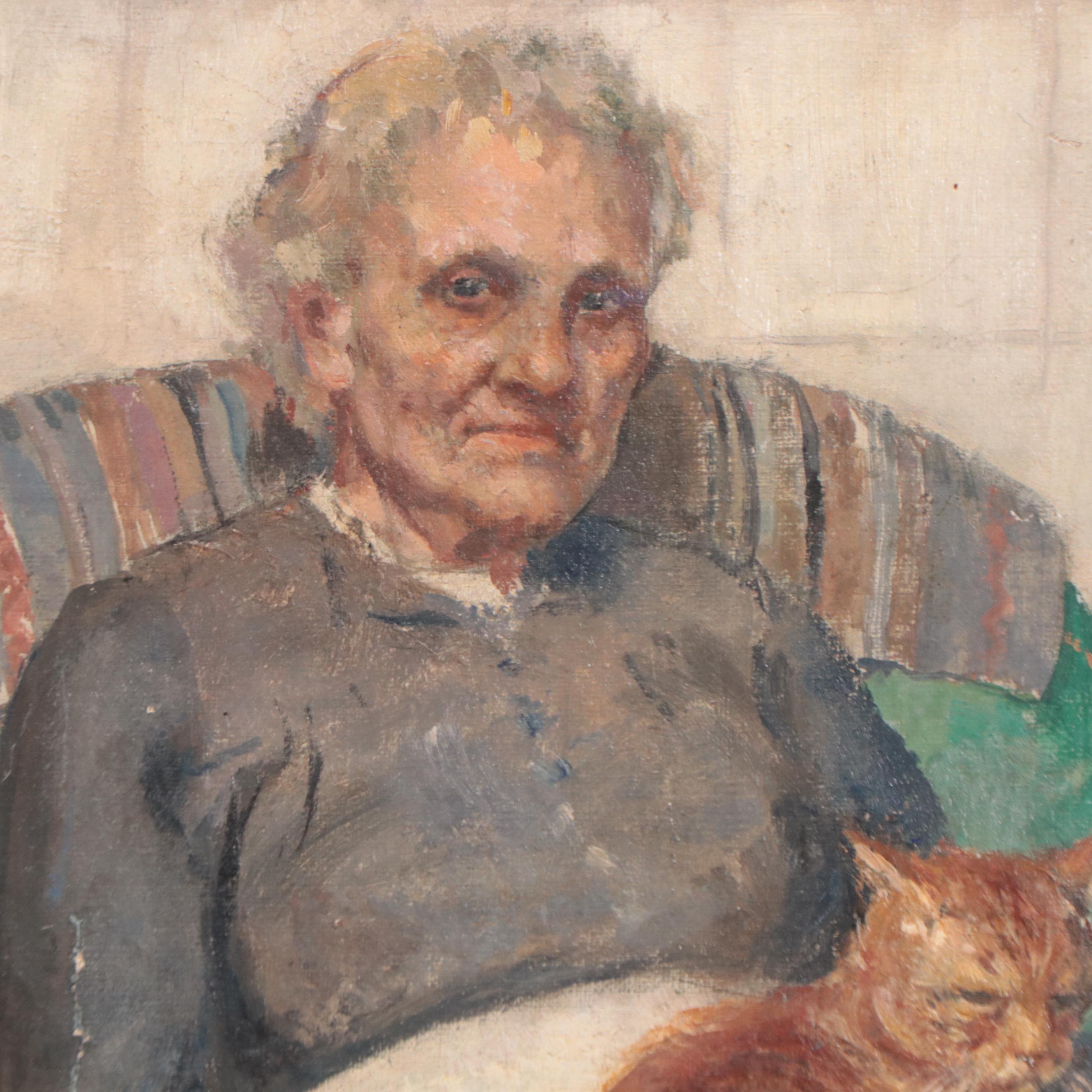 Portrait Oil Painting of Seated Woman With Cat