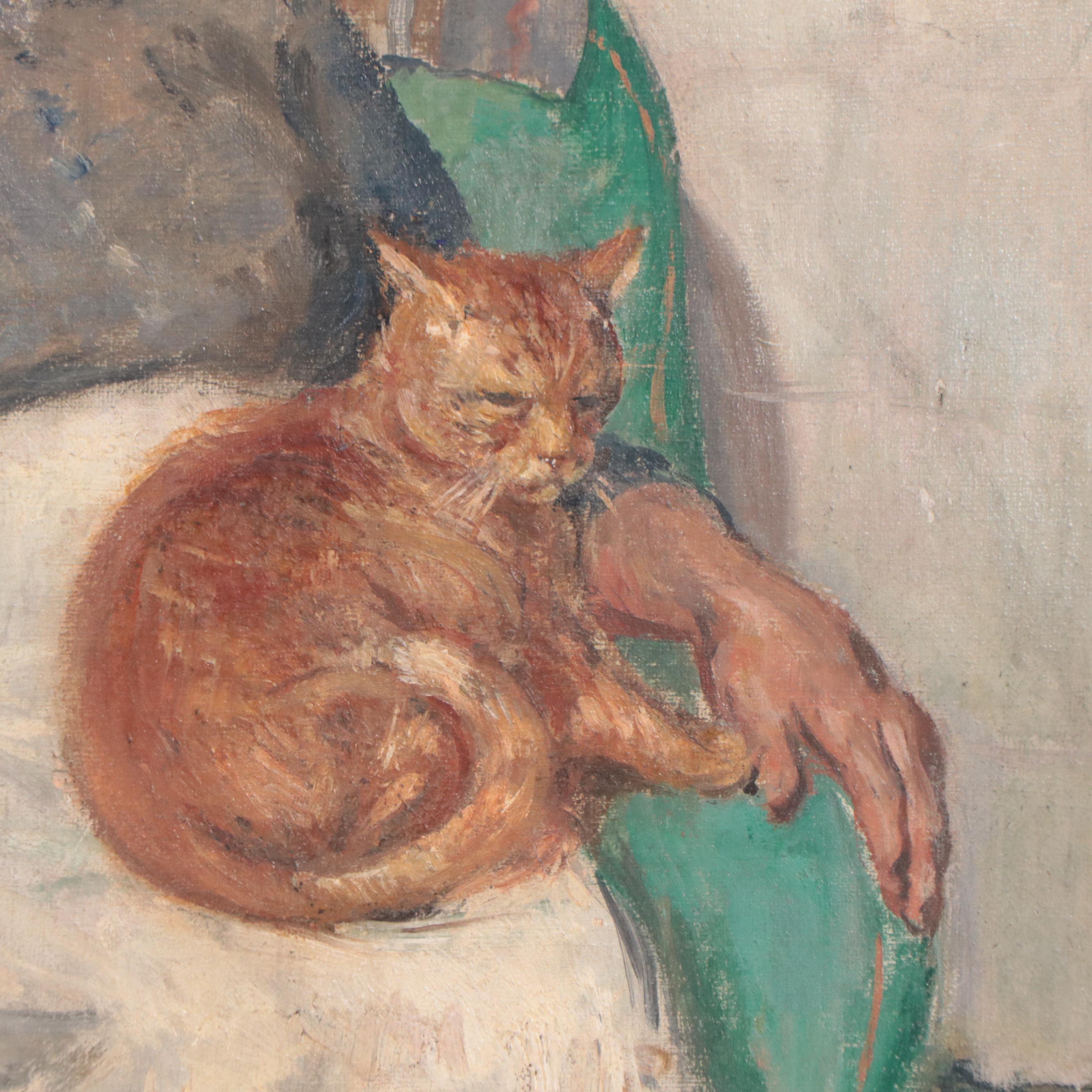 Portrait Oil Painting of Seated Woman With Cat