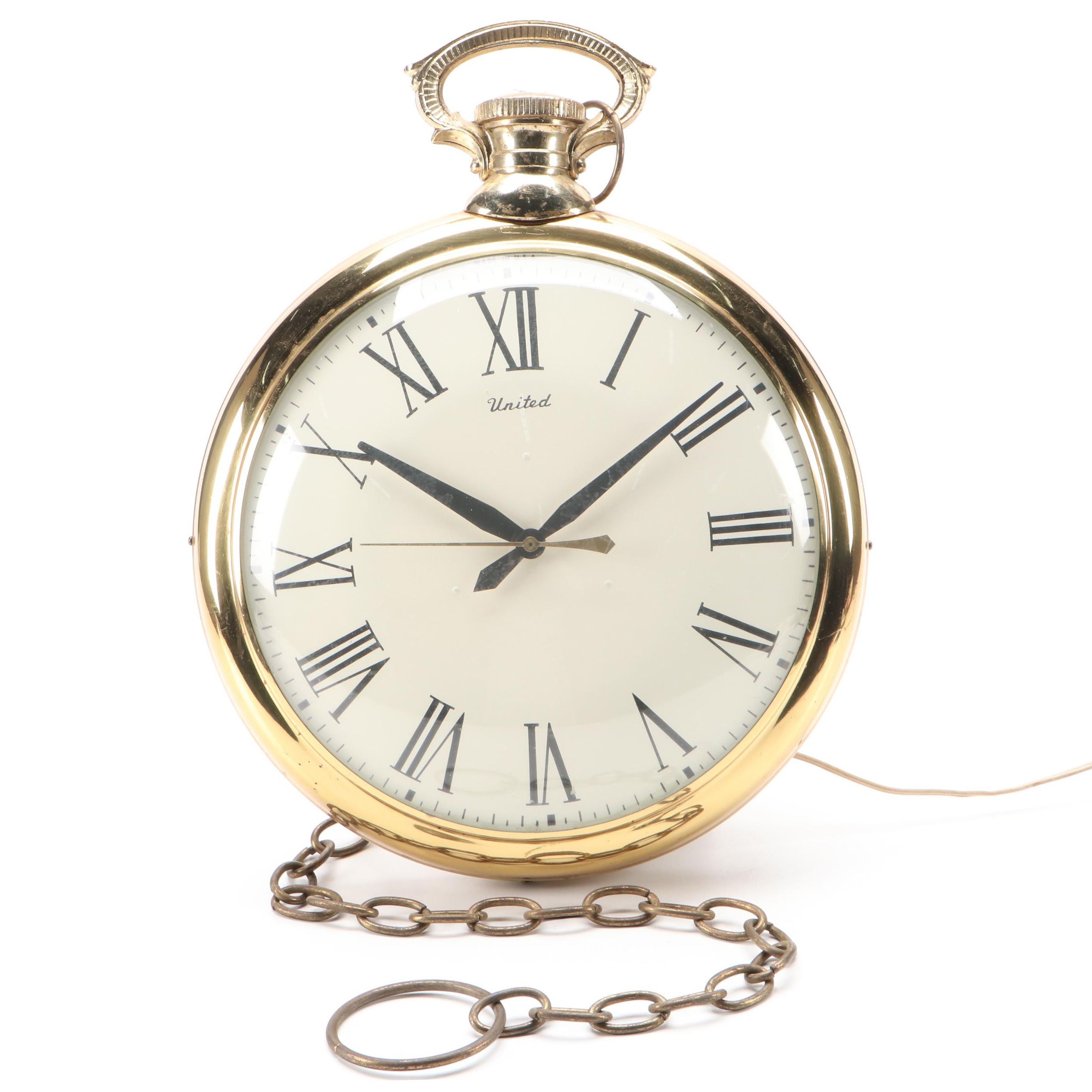 United Clock Corp. Pocketwatch Style Wall Clock, Mid-20th Century