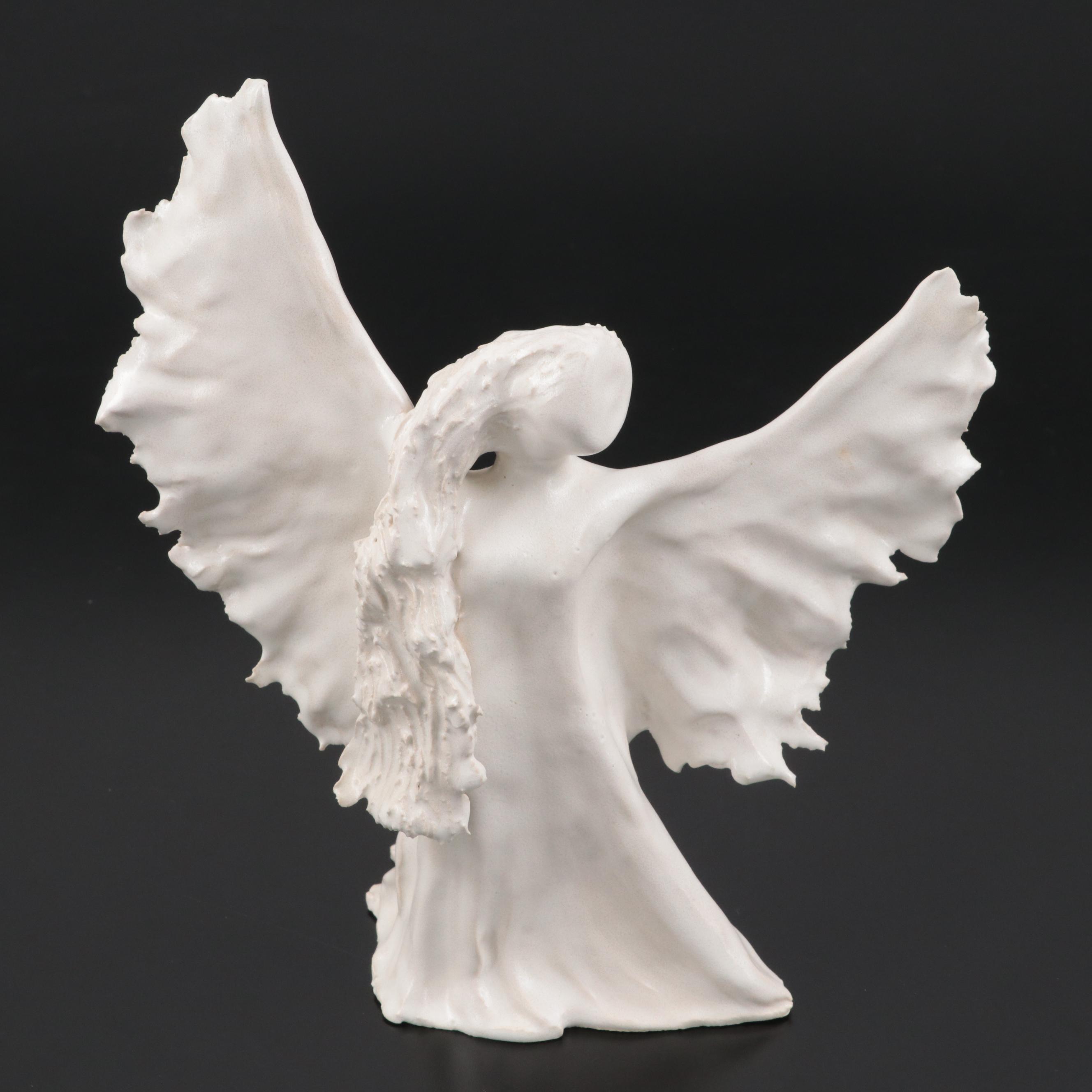 Handmade Sculpted White Glazed Ceramic Angel Figurines