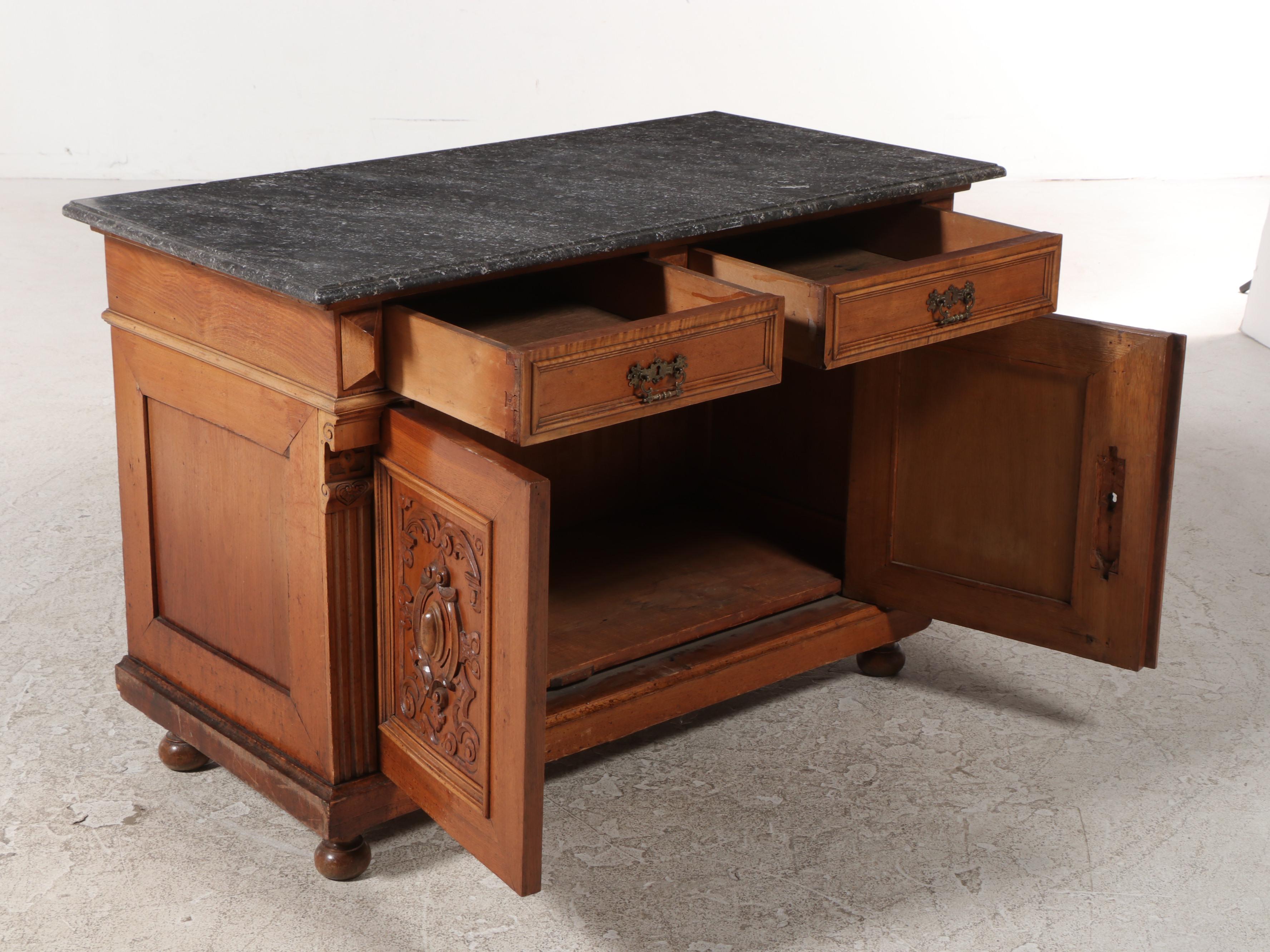 Renaissance Revival Carved Walnut and Marble Top Buffet, Late 19th Century