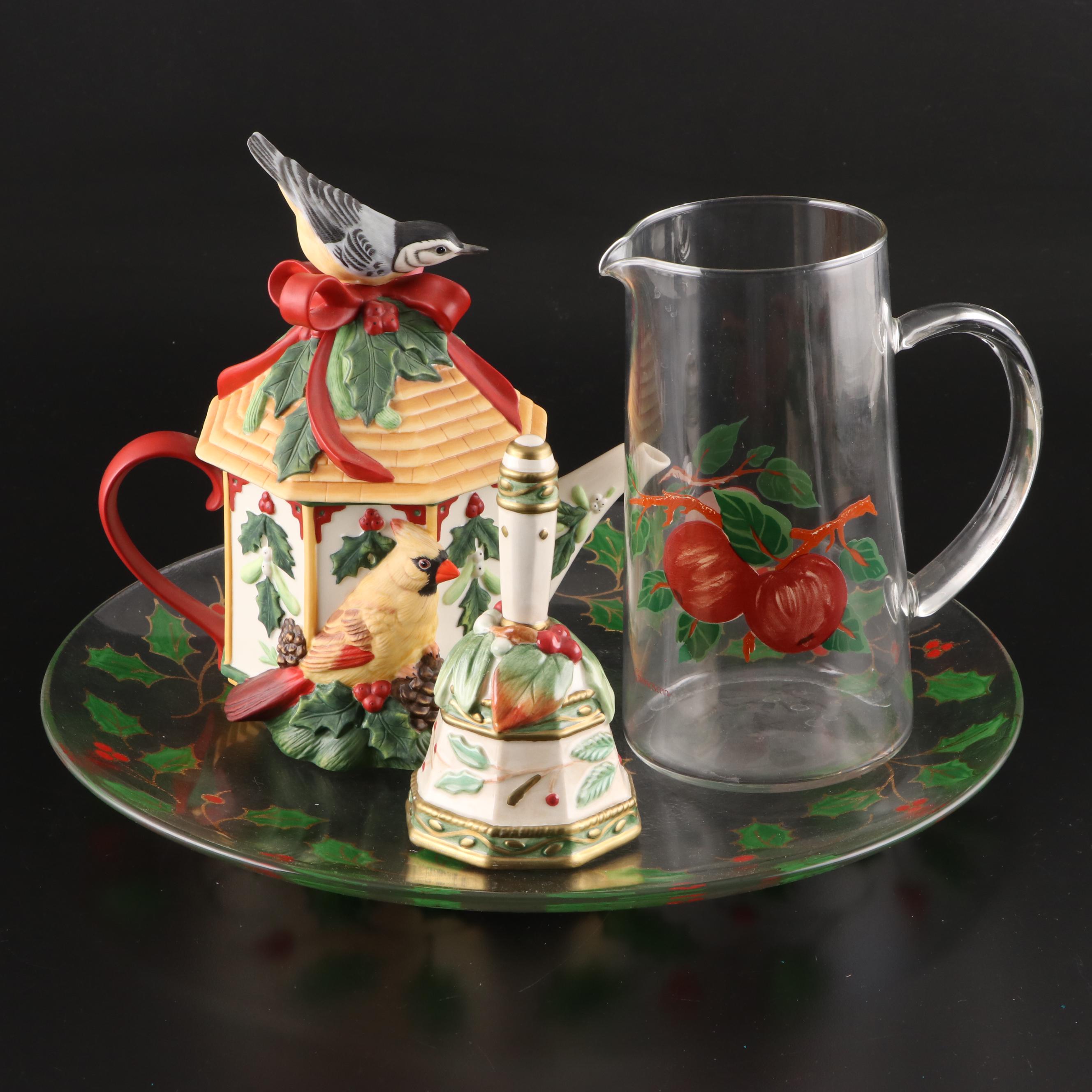 Franciscan Apple Pitcher, Holly Glass Platter, Lenox Christmas Teapot, More