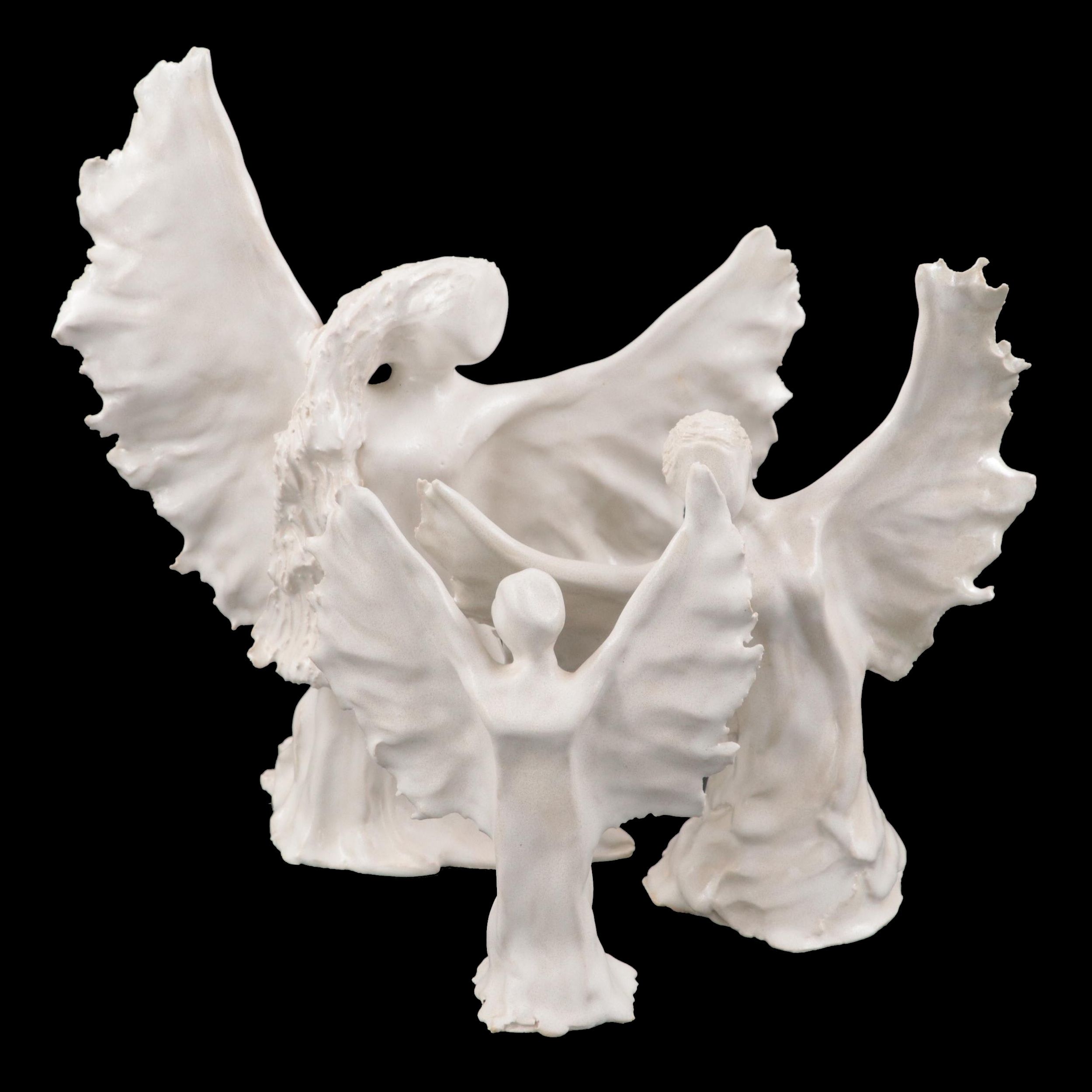 Handmade Sculpted White Glazed Ceramic Angel Figurines
