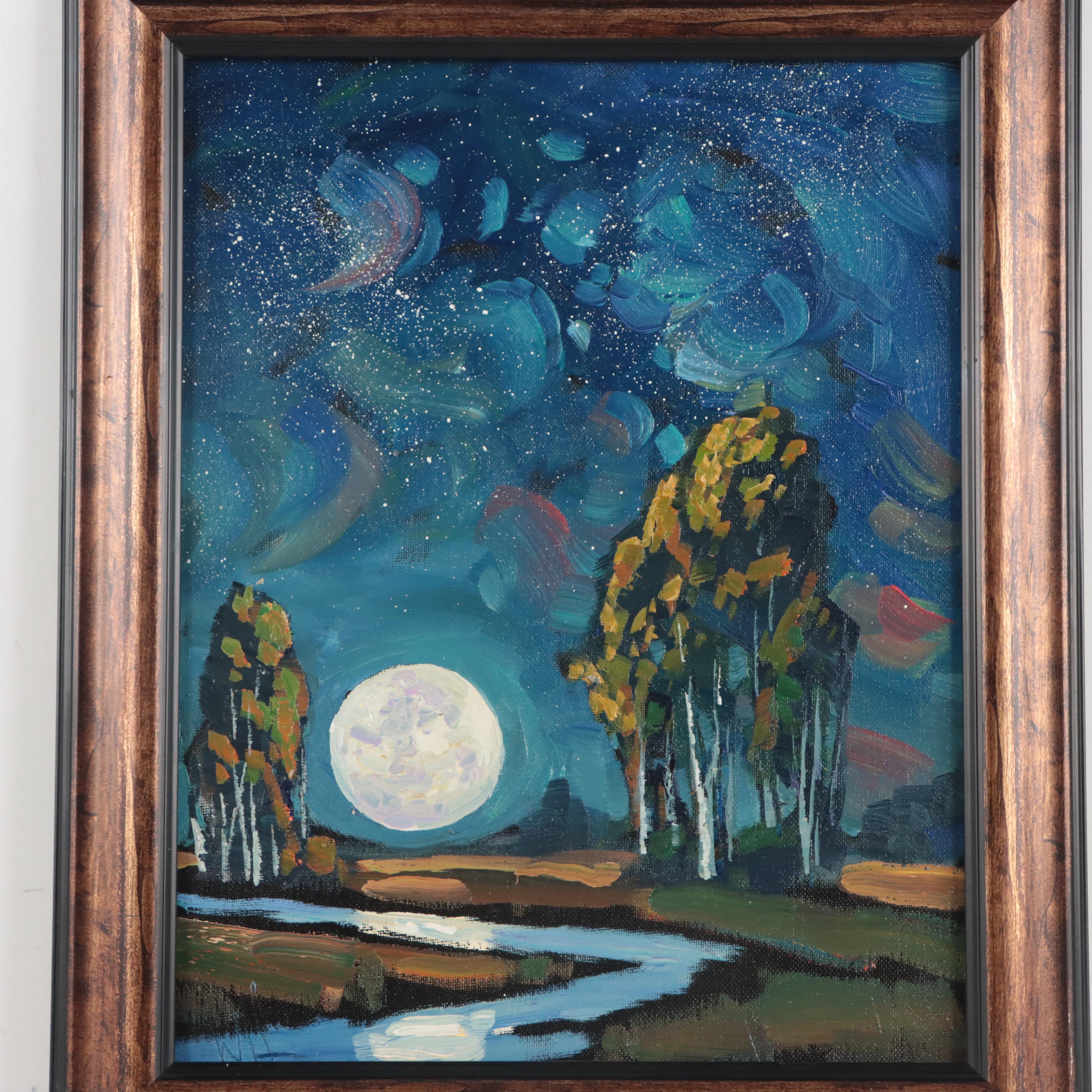 William Hawkins Landscape Oil Painting of Moonrise, 21st Century