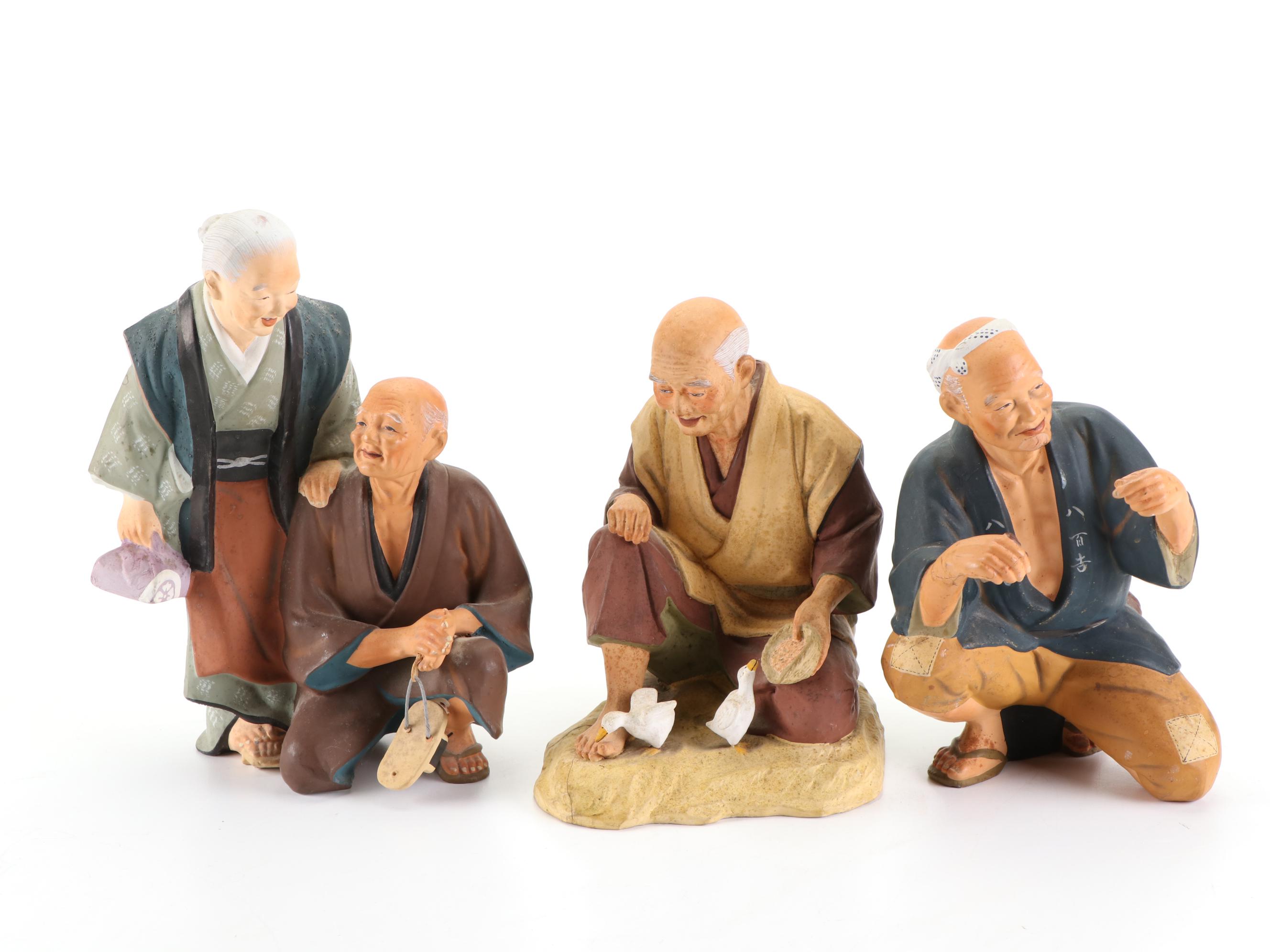 Japanese Hakata Mimasu Dolls Painted Ceramic Figurines