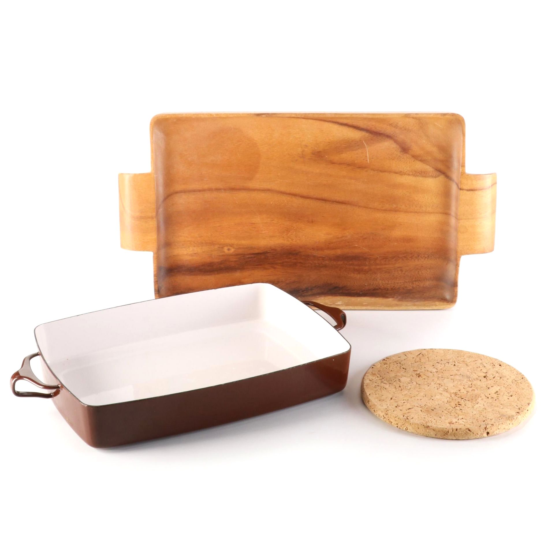 Dansk Kobenstyle Baking Pan with Wooden Tray and Cork Trivet