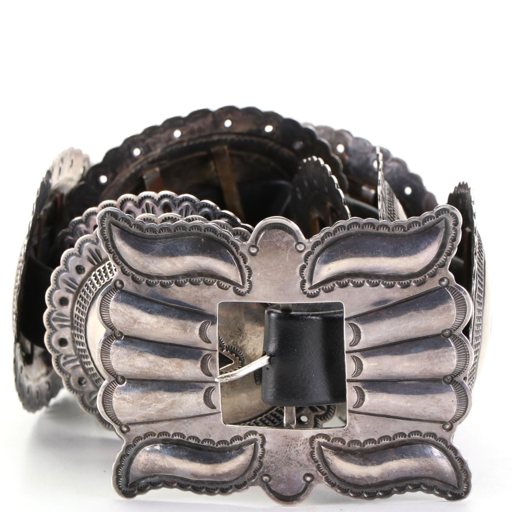 Sterling Silver Third Phase Southwestern Concho Belt with Stamped Designs