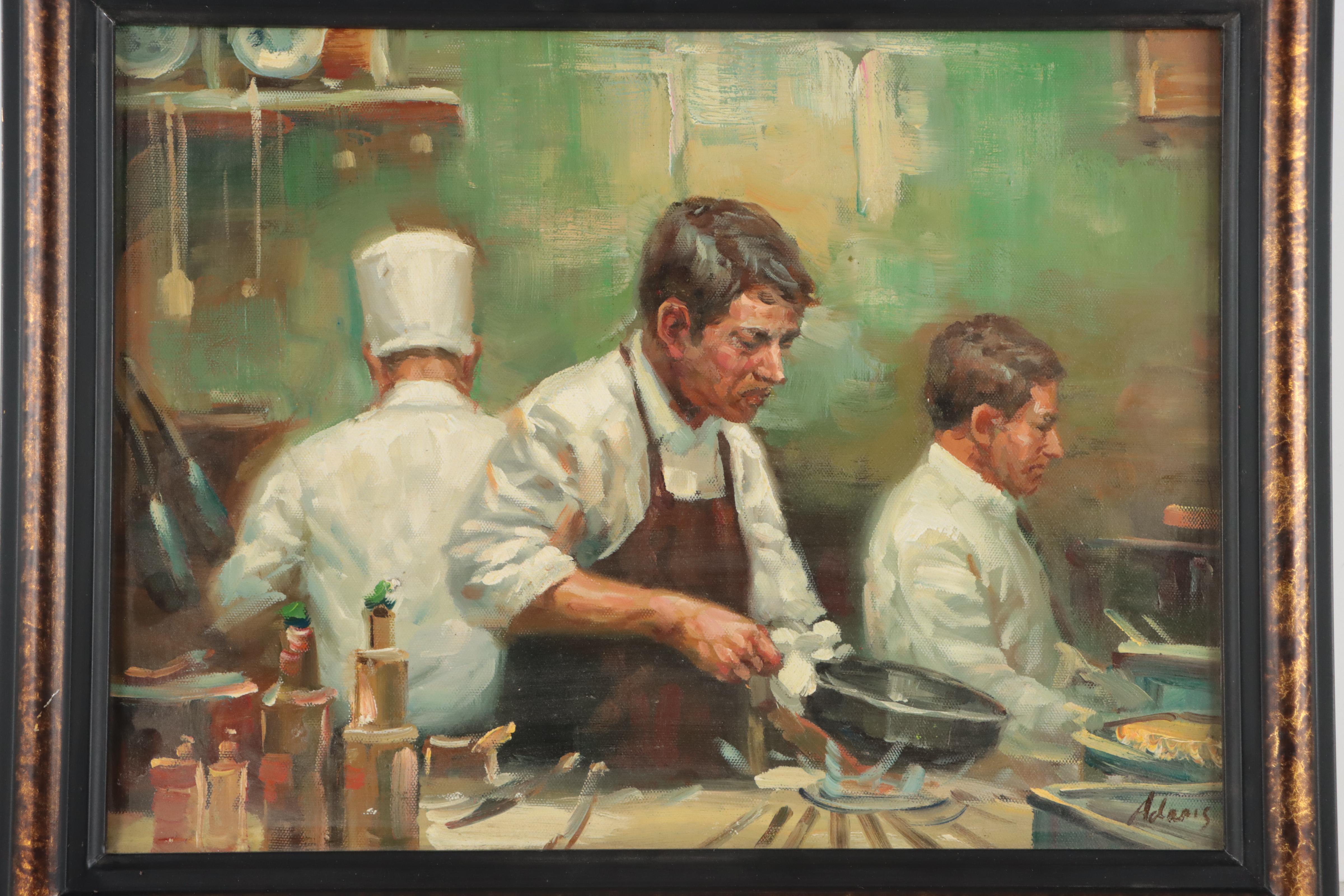 Oil Painting of Chefs in Kitchen, 21st Century