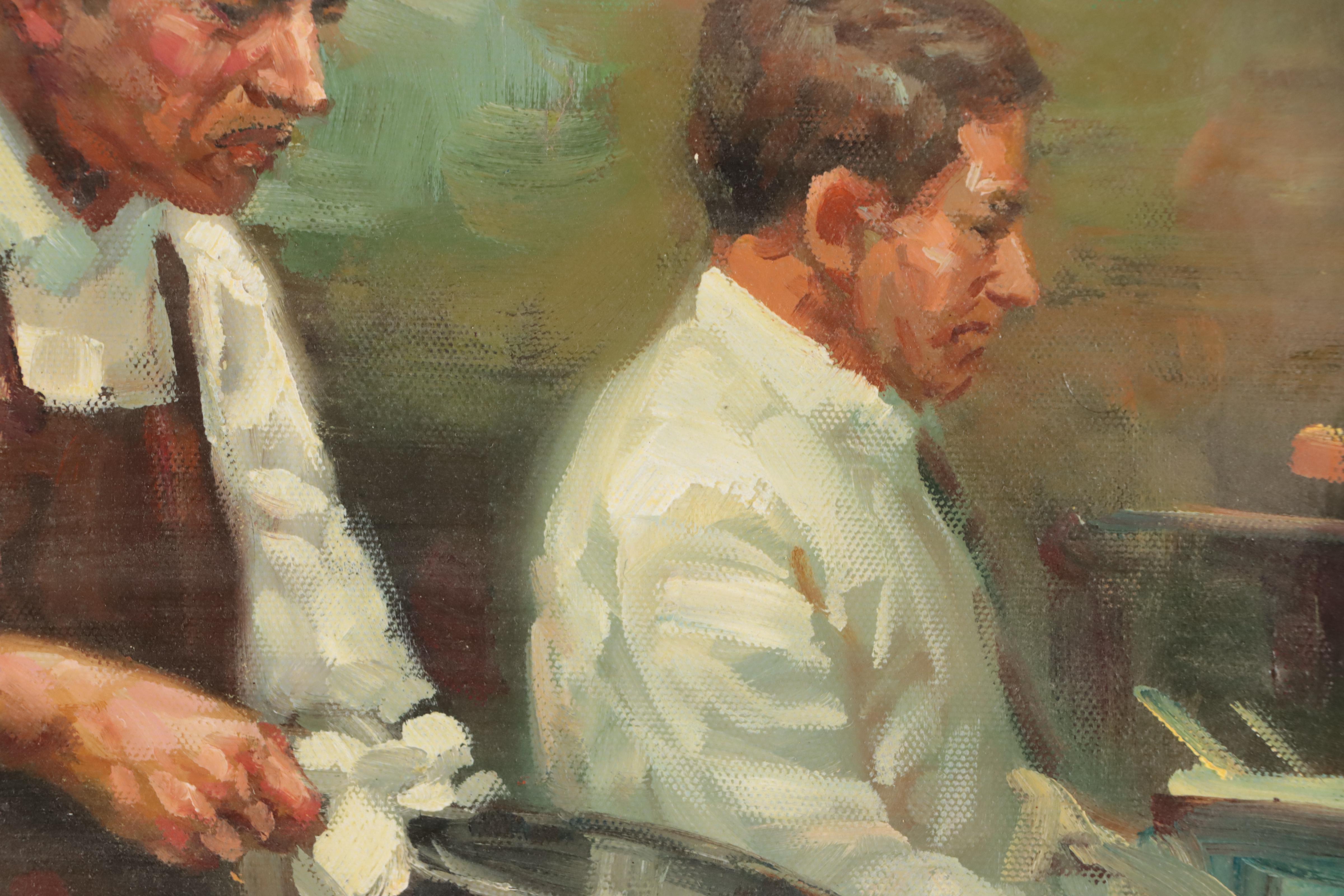 Oil Painting of Chefs in Kitchen, 21st Century