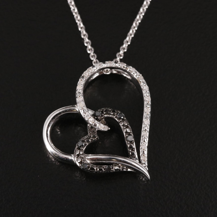 Sterling Diamond Double Open Heart Pendant Necklace