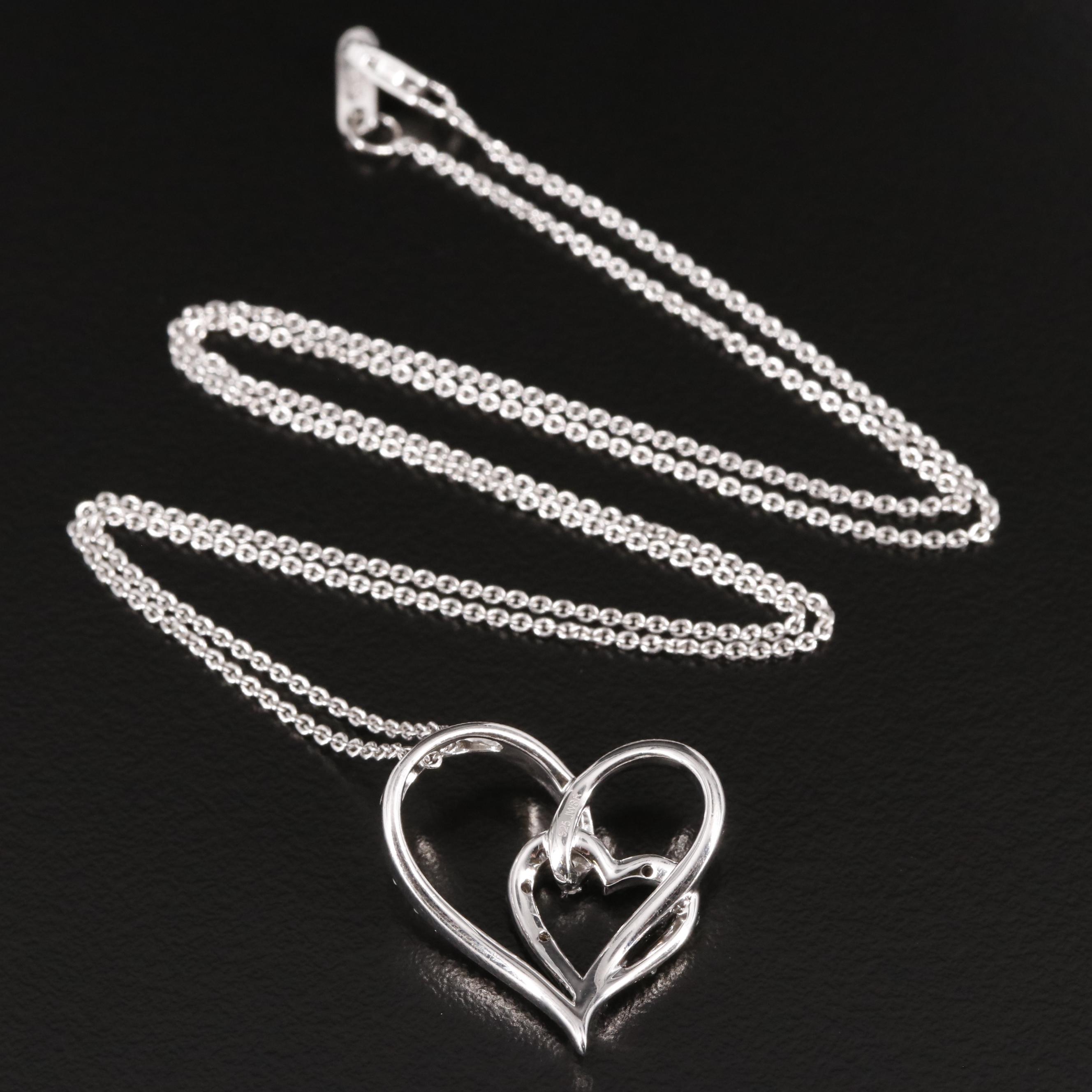 Sterling Diamond Double Open Heart Pendant Necklace
