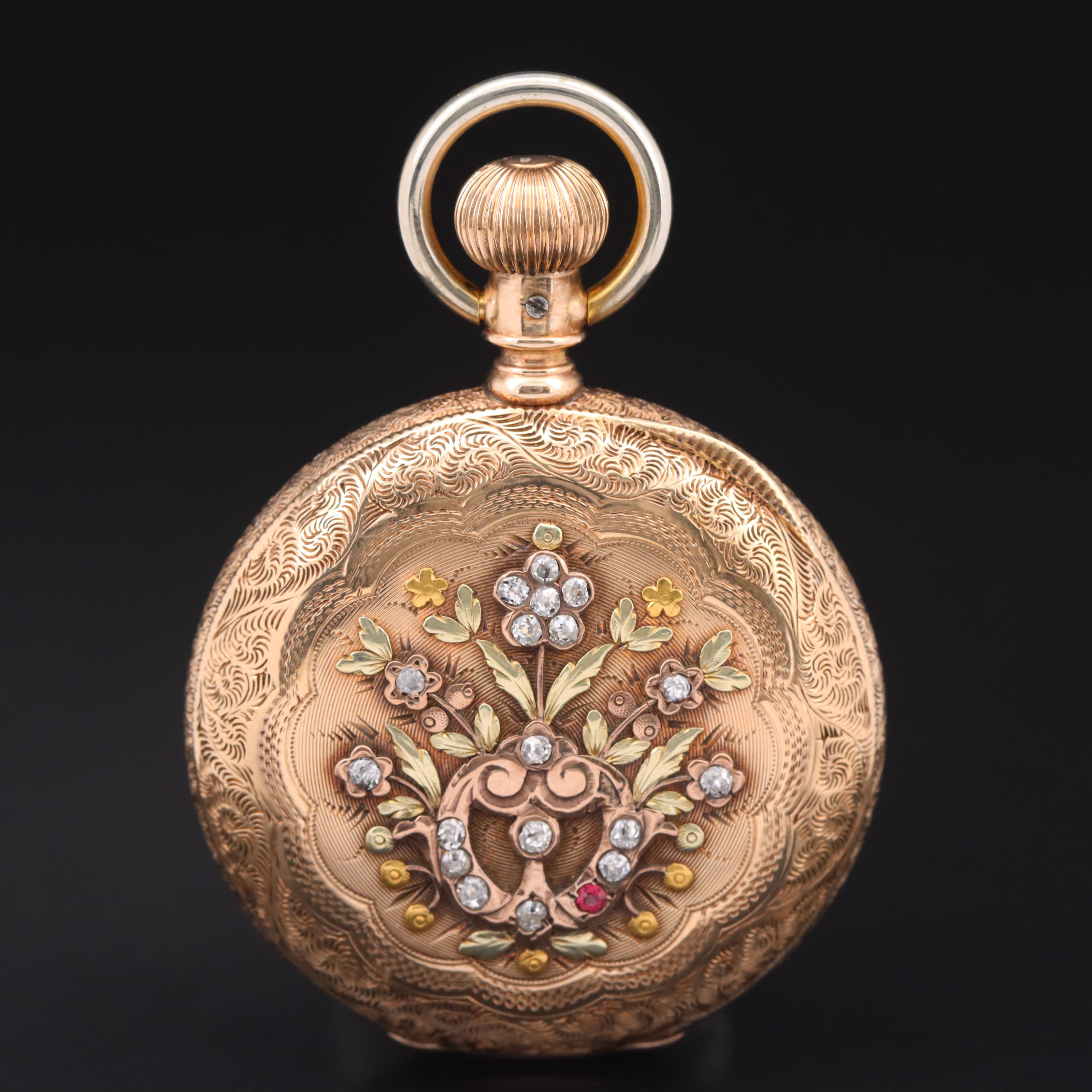 1890 Illinois 14K Diamond and Garnet Pocket Watch